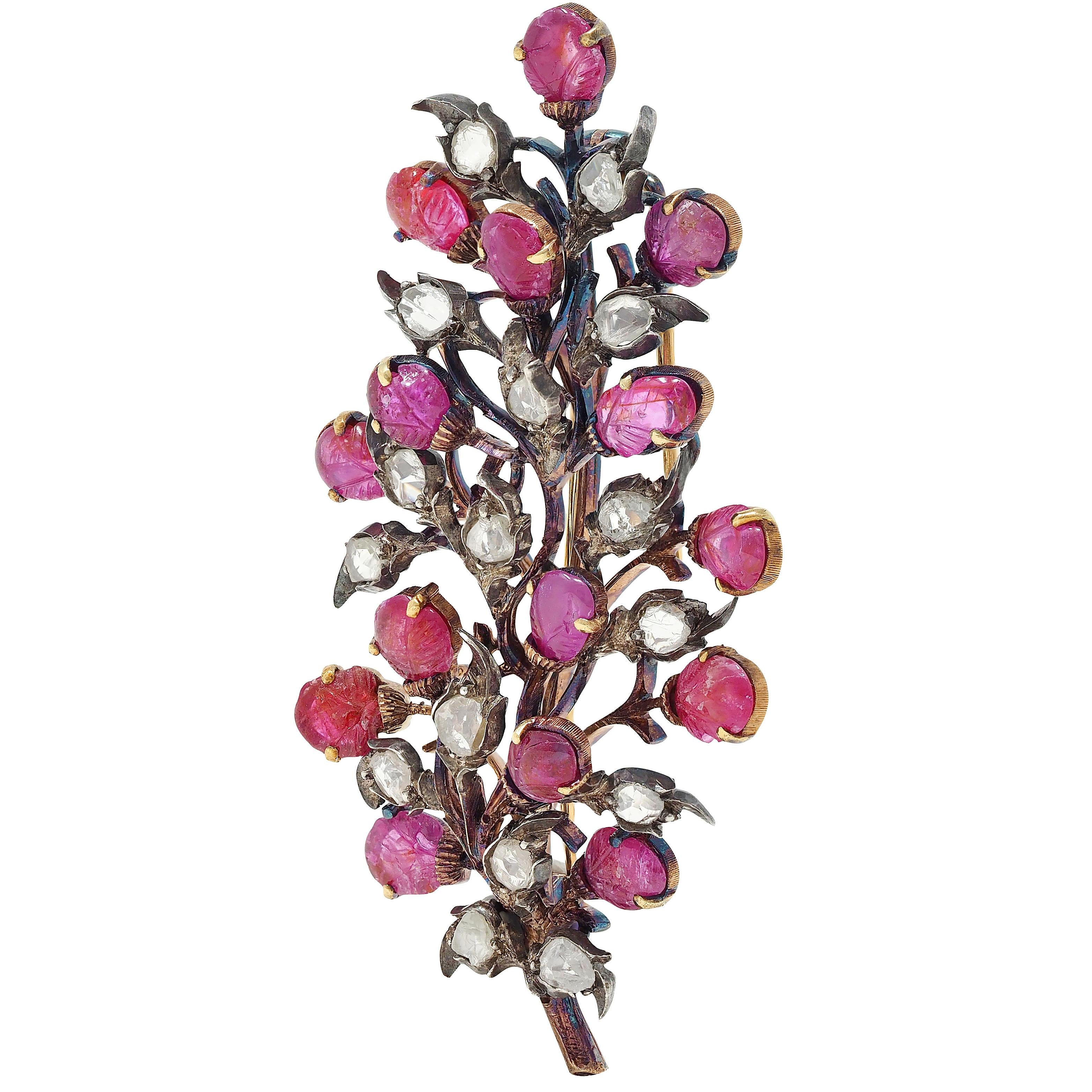 Buccellati Mid-Century Ruby Diamond 18K Gold Silver Vintage Foliate Brooch
