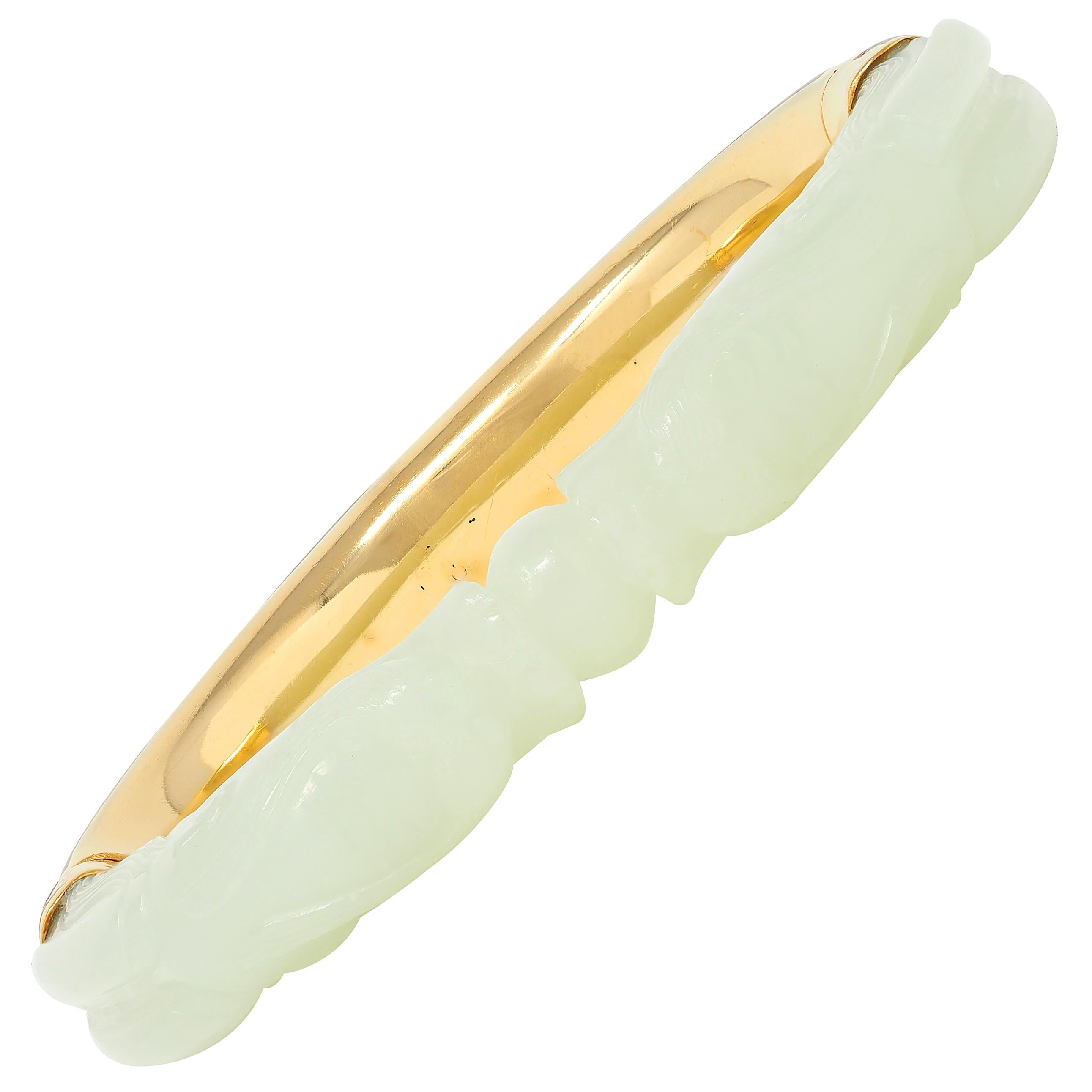 Vintage Jade Red Enamel 18 Karat Yellow Gold Two Dragons Cuff Bracelet