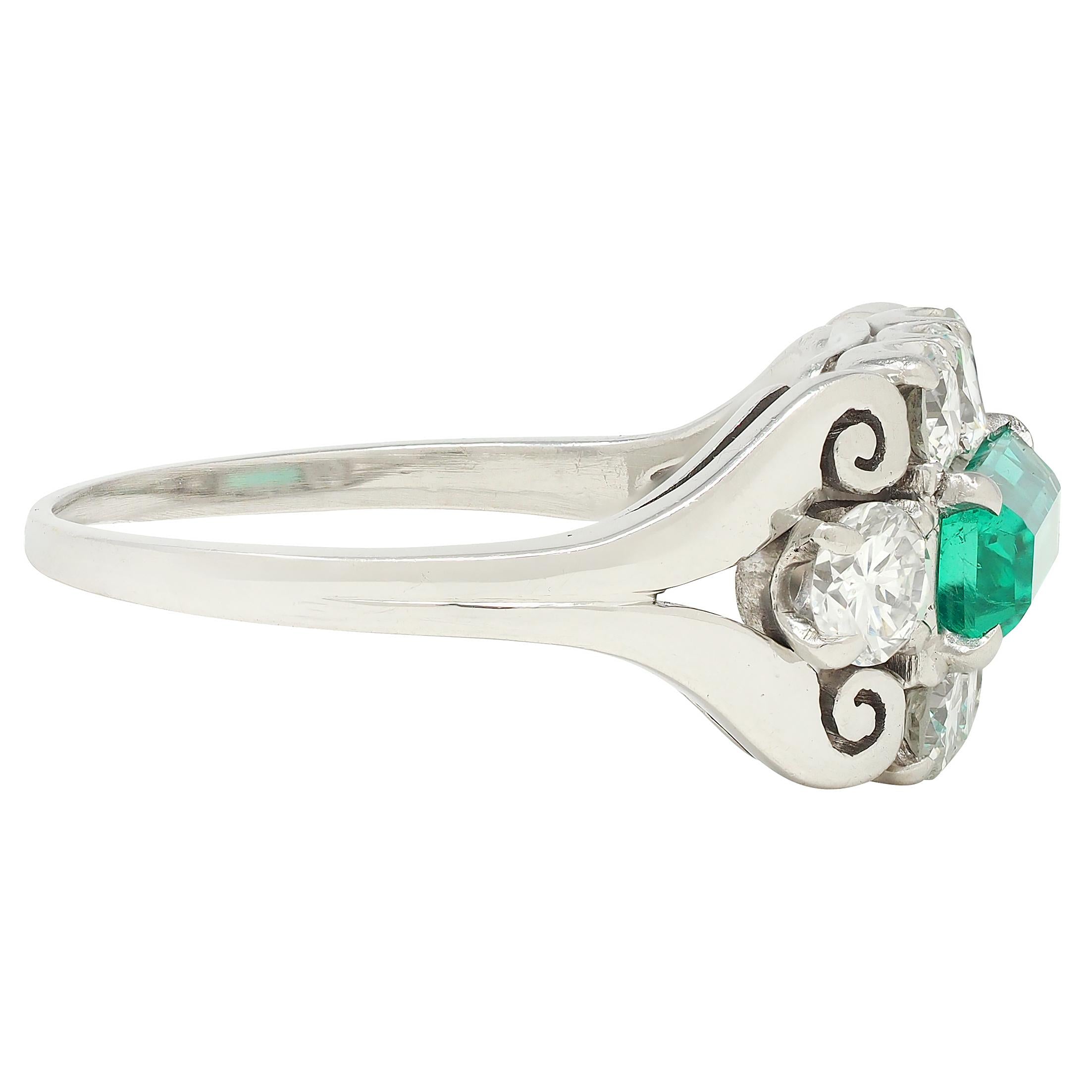 Mid-Century 2.14 Emerald Diamond Platinum Vintage Scroll Ring