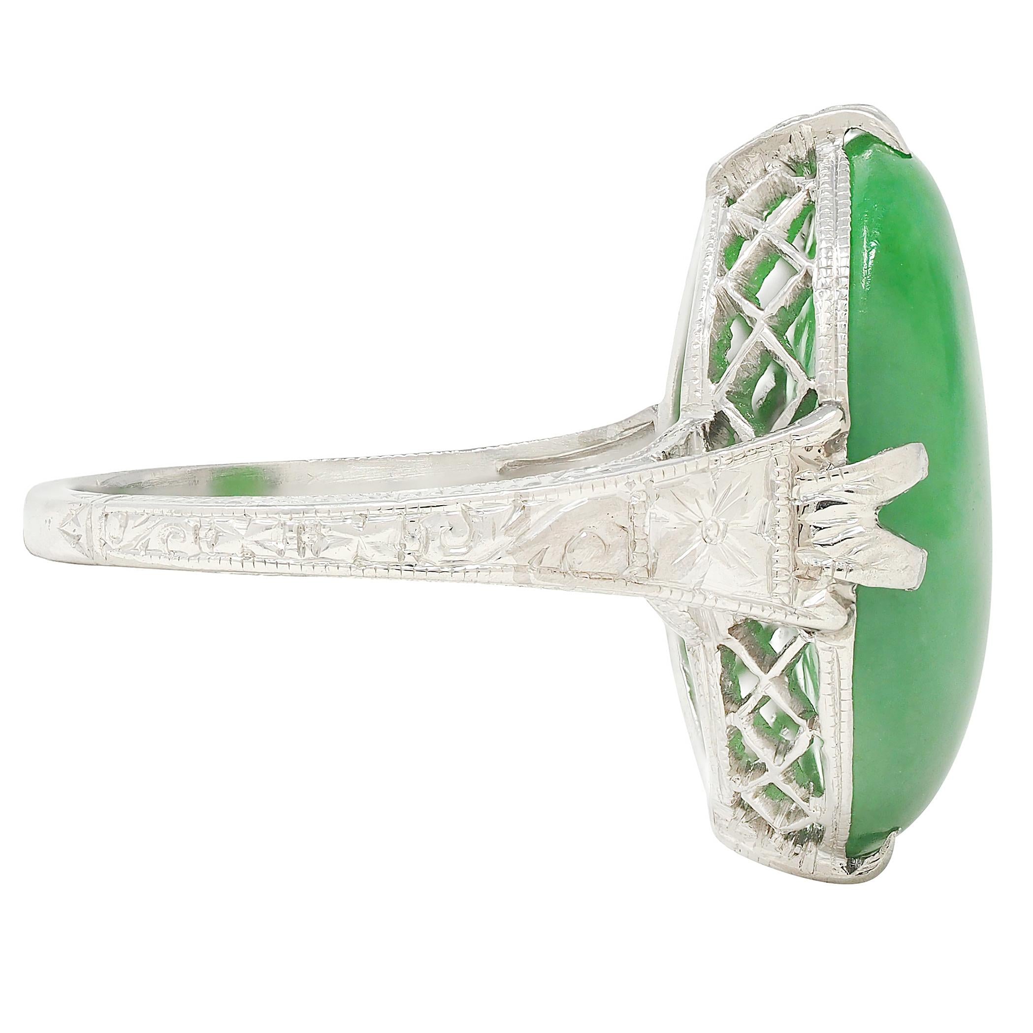 Art Deco Jade Cabochon Platinum Vintage Orange Blossom Gemstone Ring