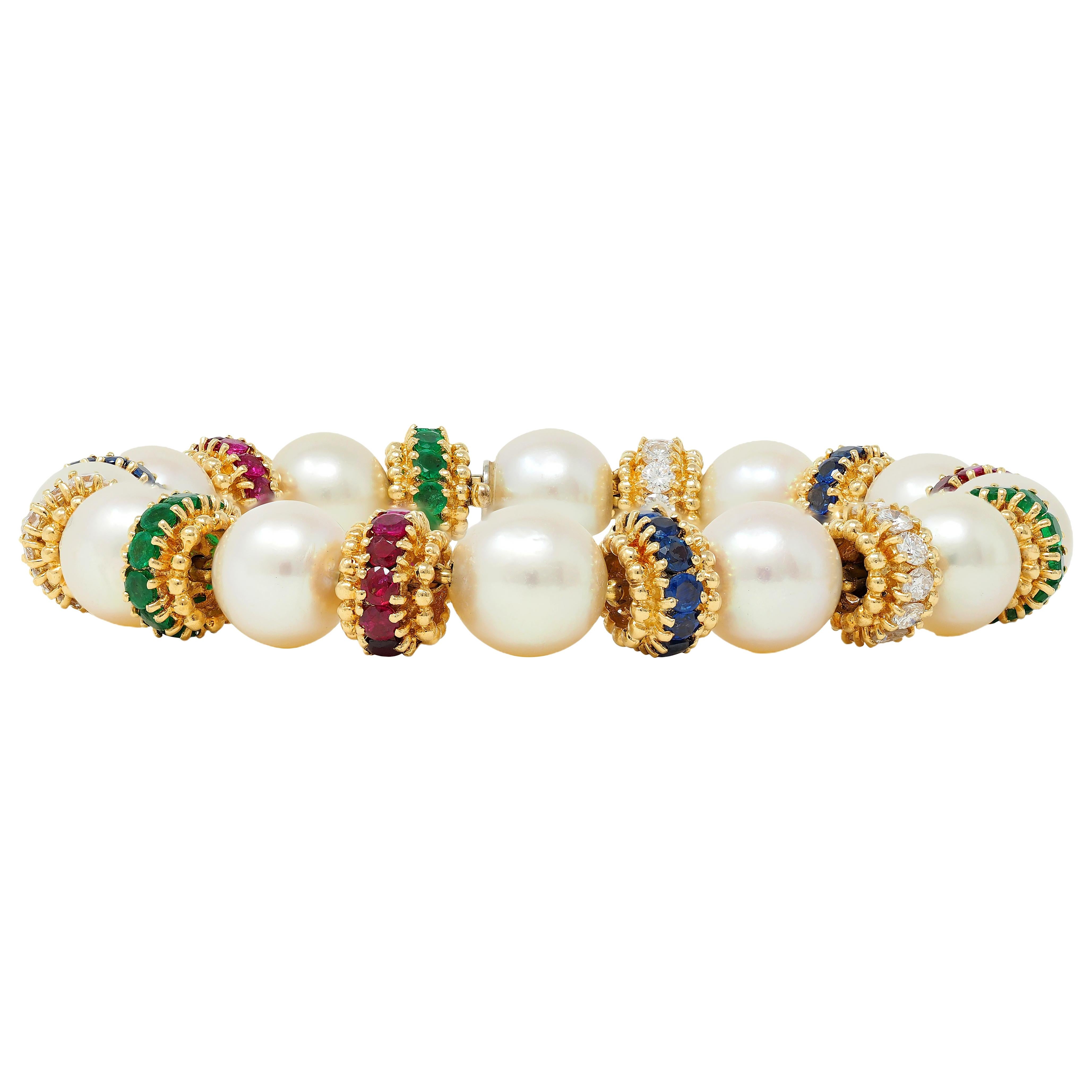 Van Cleef & Arpels 1980's Pearl Multi-Gem 18K Gold Convertible Bracelet Set