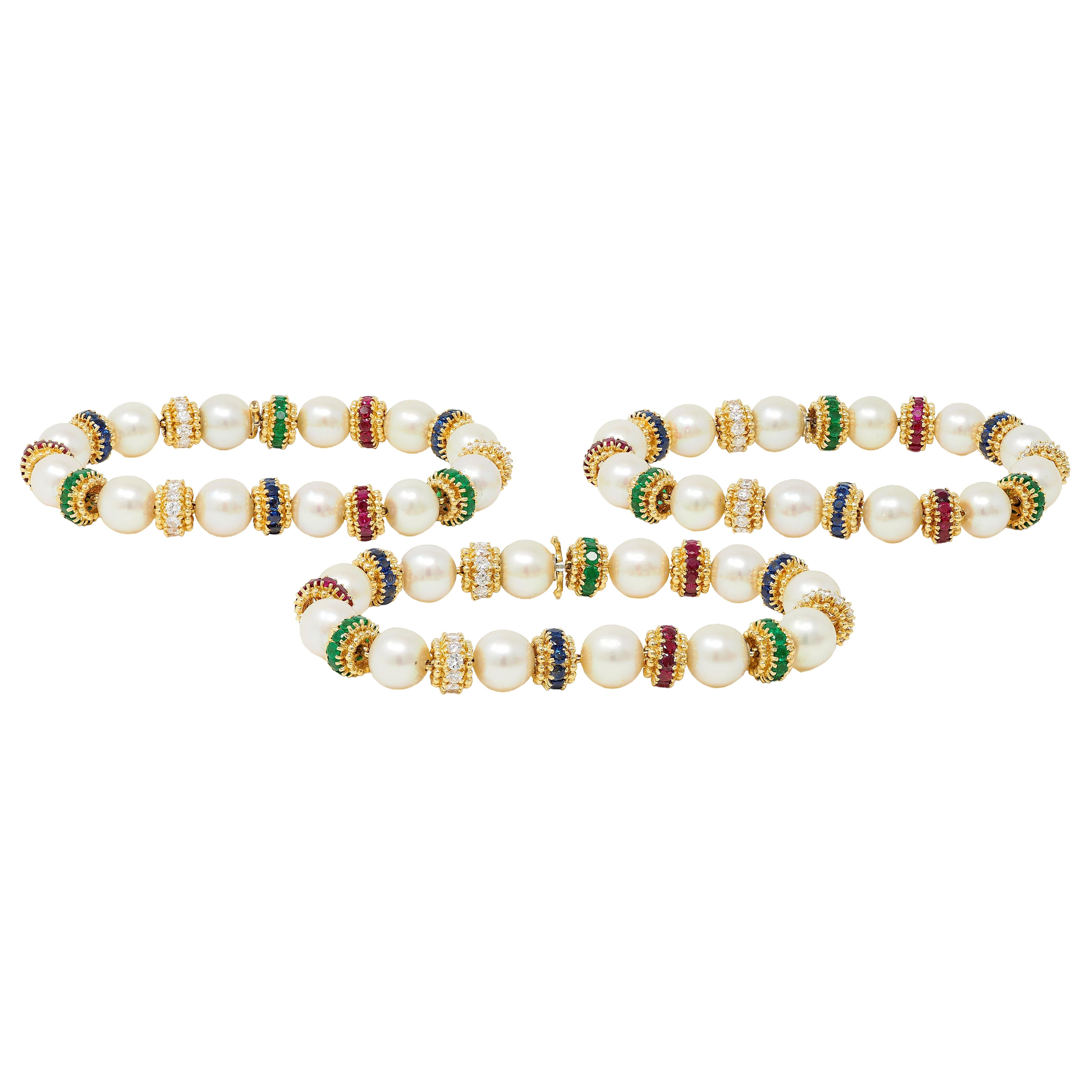 Van Cleef & Arpels 1980's Pearl Multi-Gem 18K Gold Convertible Bracelet Set