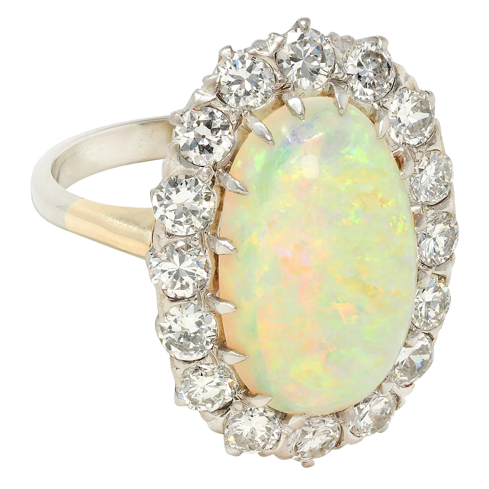 Mid-Century Diamond Opal Platinum 14 Karat Gold Vintage Halo Ring