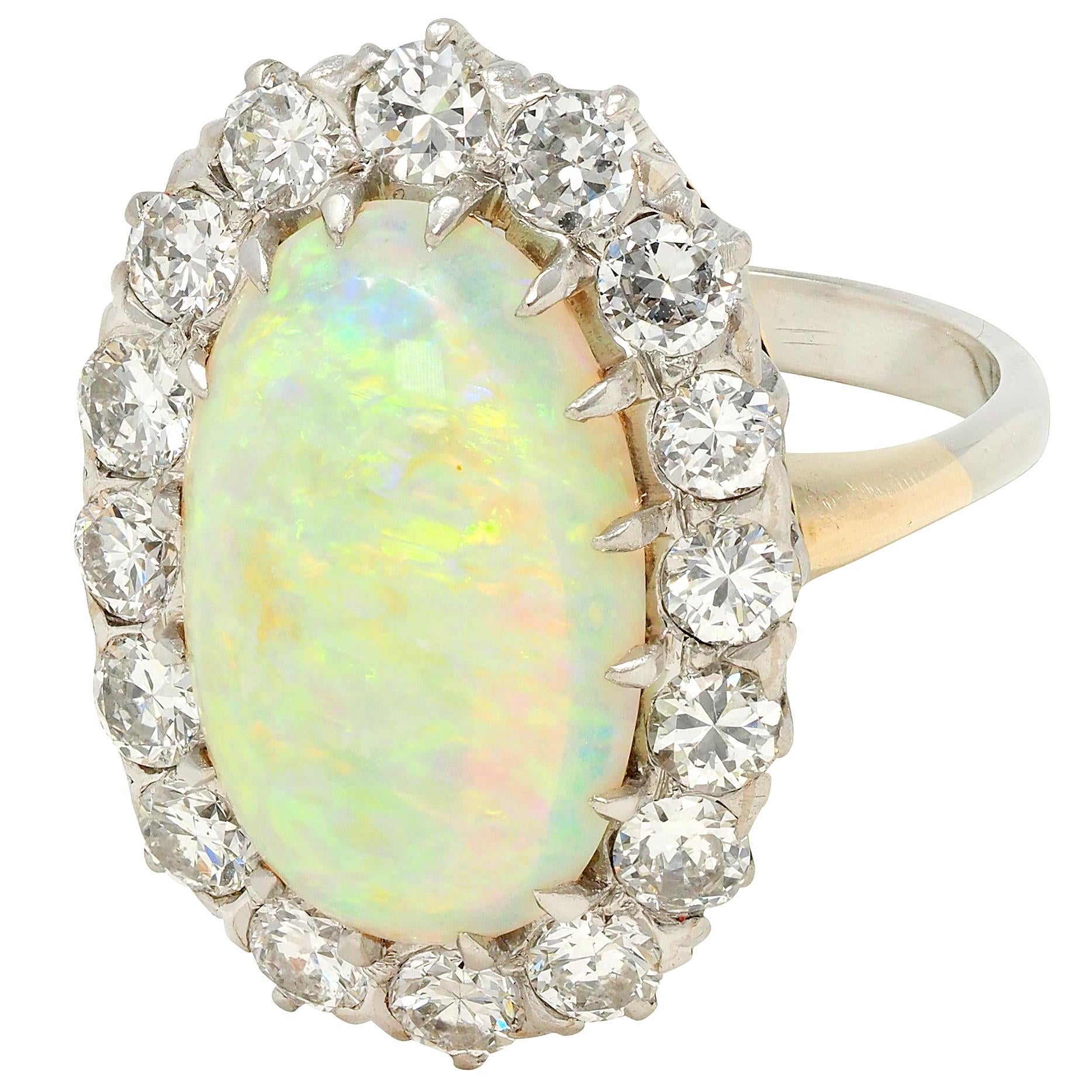 Mid-Century Diamond Opal Platinum 14 Karat Gold Vintage Halo Ring