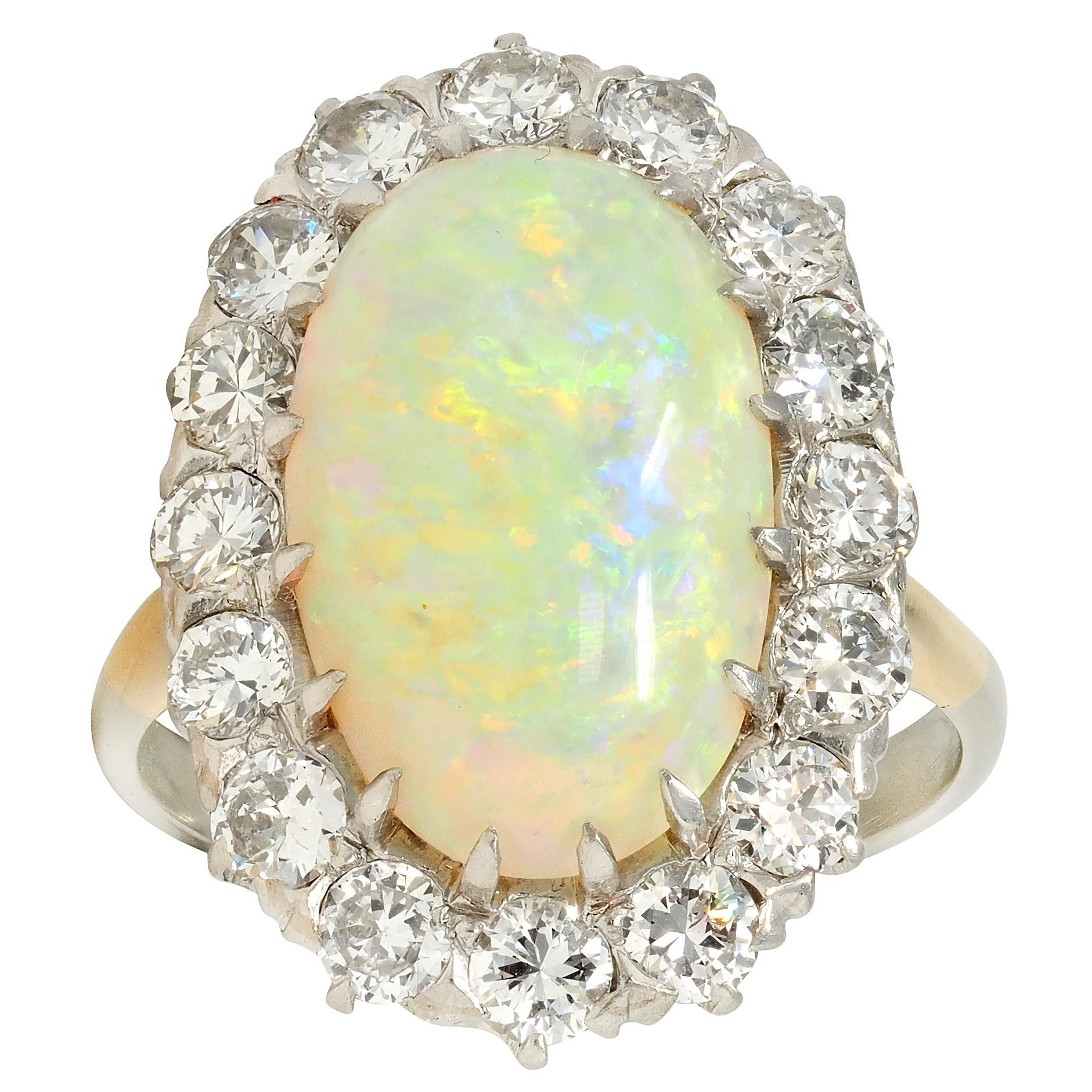 Mid-Century Diamond Opal Platinum 14 Karat Gold Vintage Halo Ring