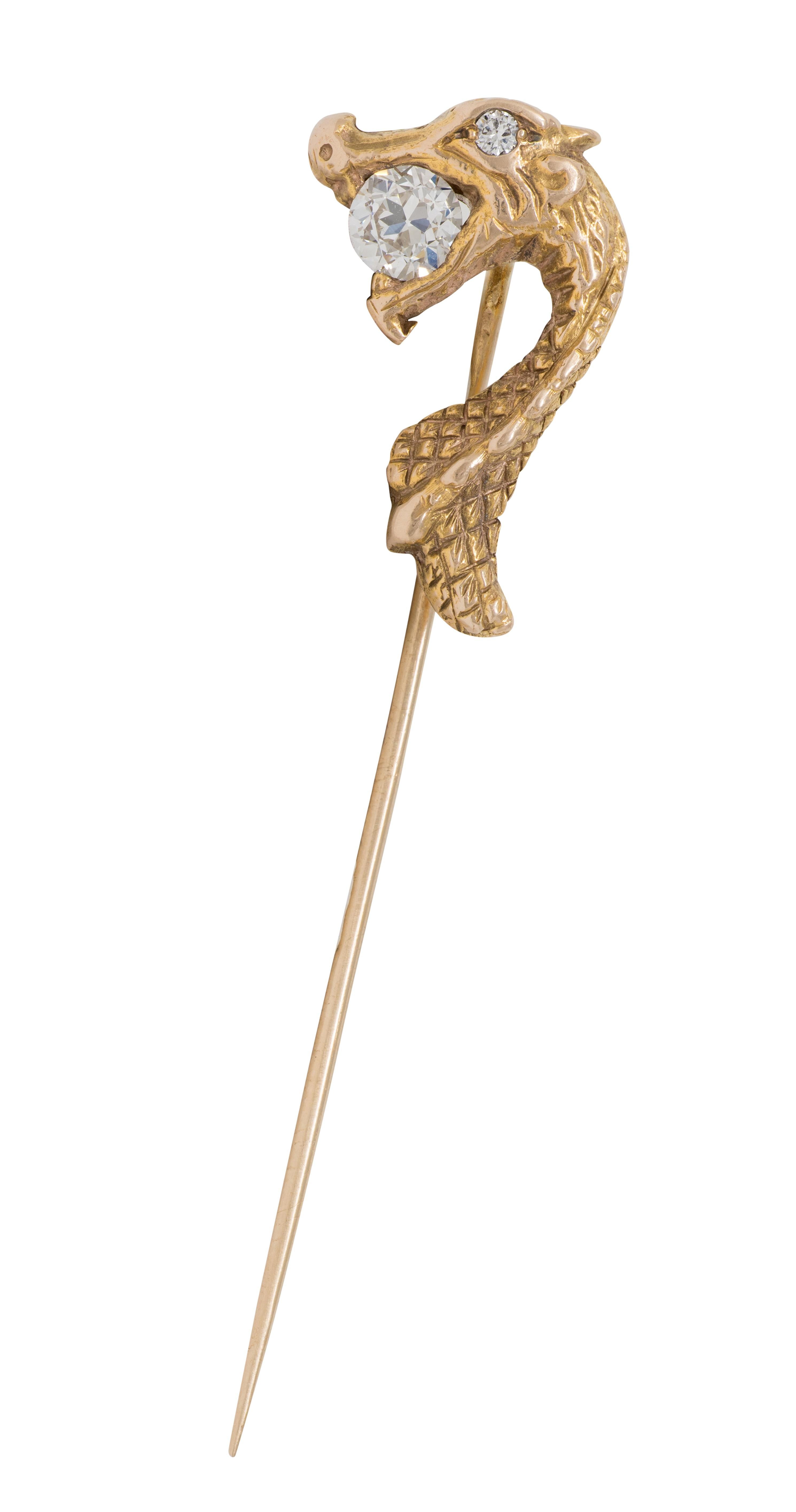 Art Nouveau Diamond 14 Karat Yellow Gold Antique Dragon Serpent Stickpin