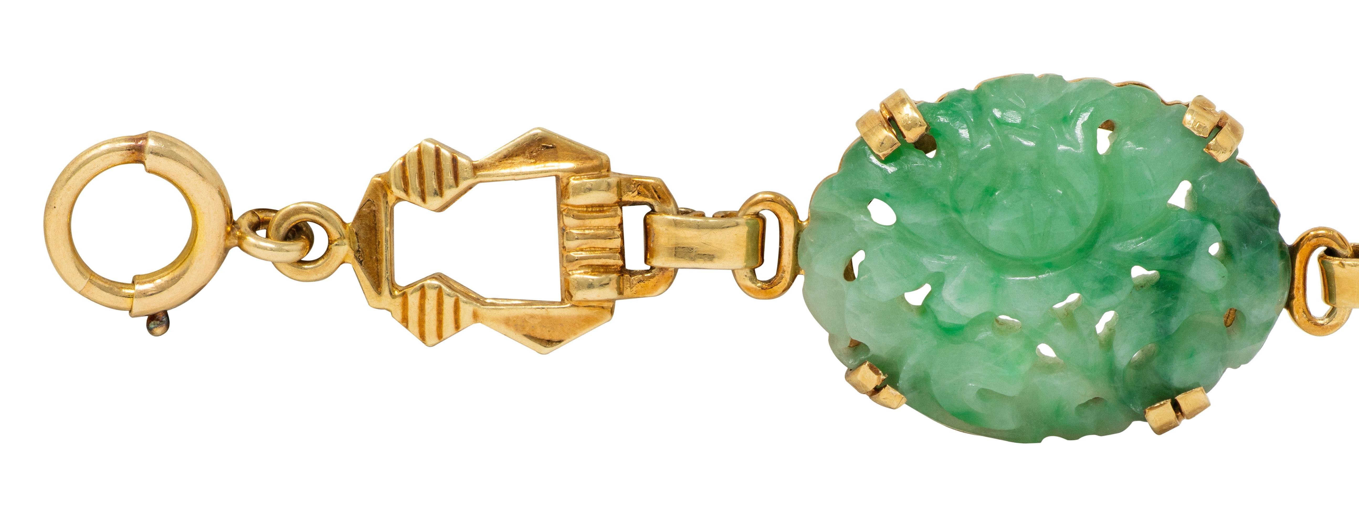 Tiffany & Co. Art Deco Carved Jade 14K Gold Antique Floral Link Bracelet