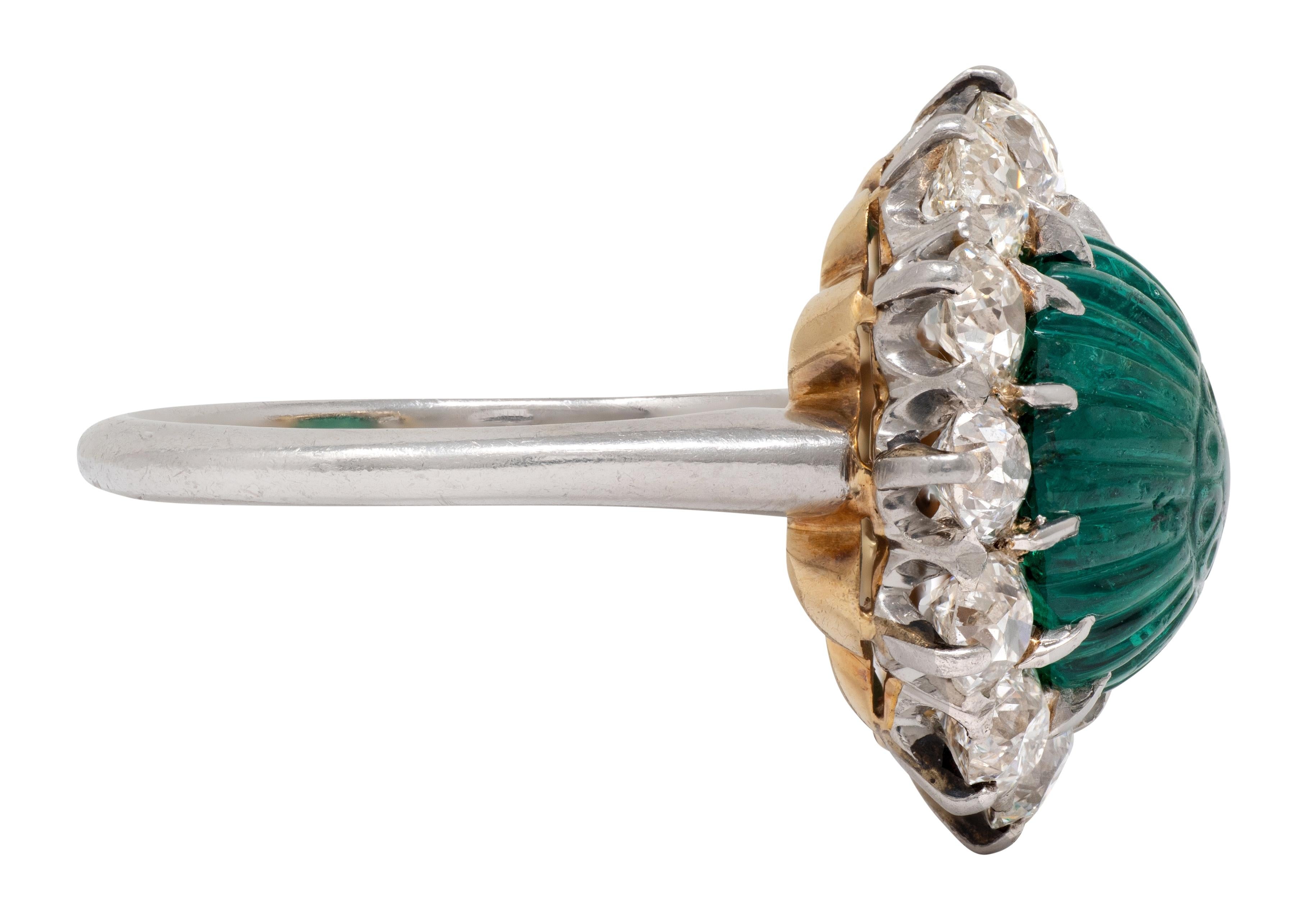 Art Deco Carved Mogul Emerald Diamond Platinum 18K Gold Antique Halo Ring