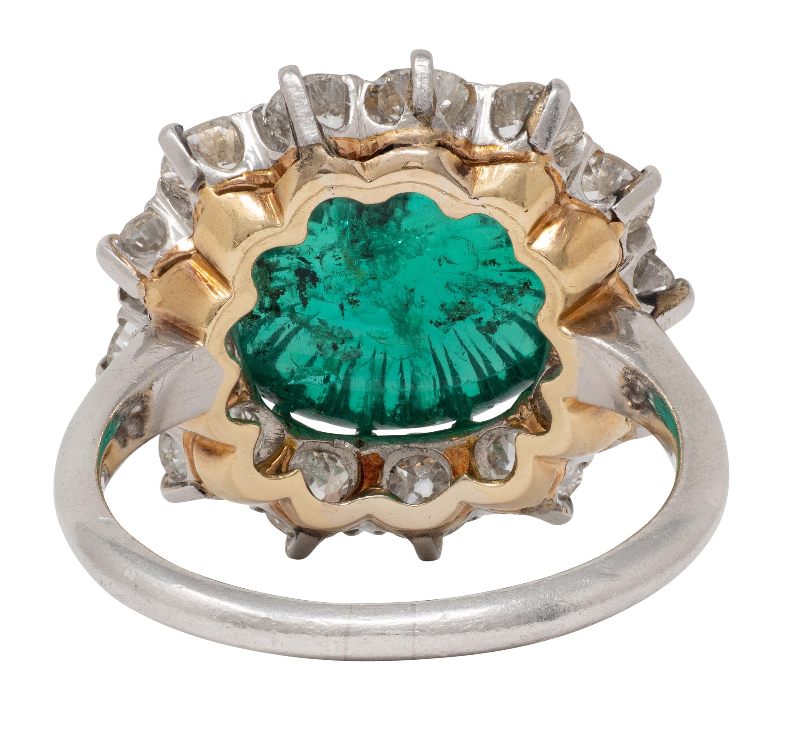 Art Deco Carved Mogul Emerald Diamond Platinum 18K Gold Antique Halo Ring