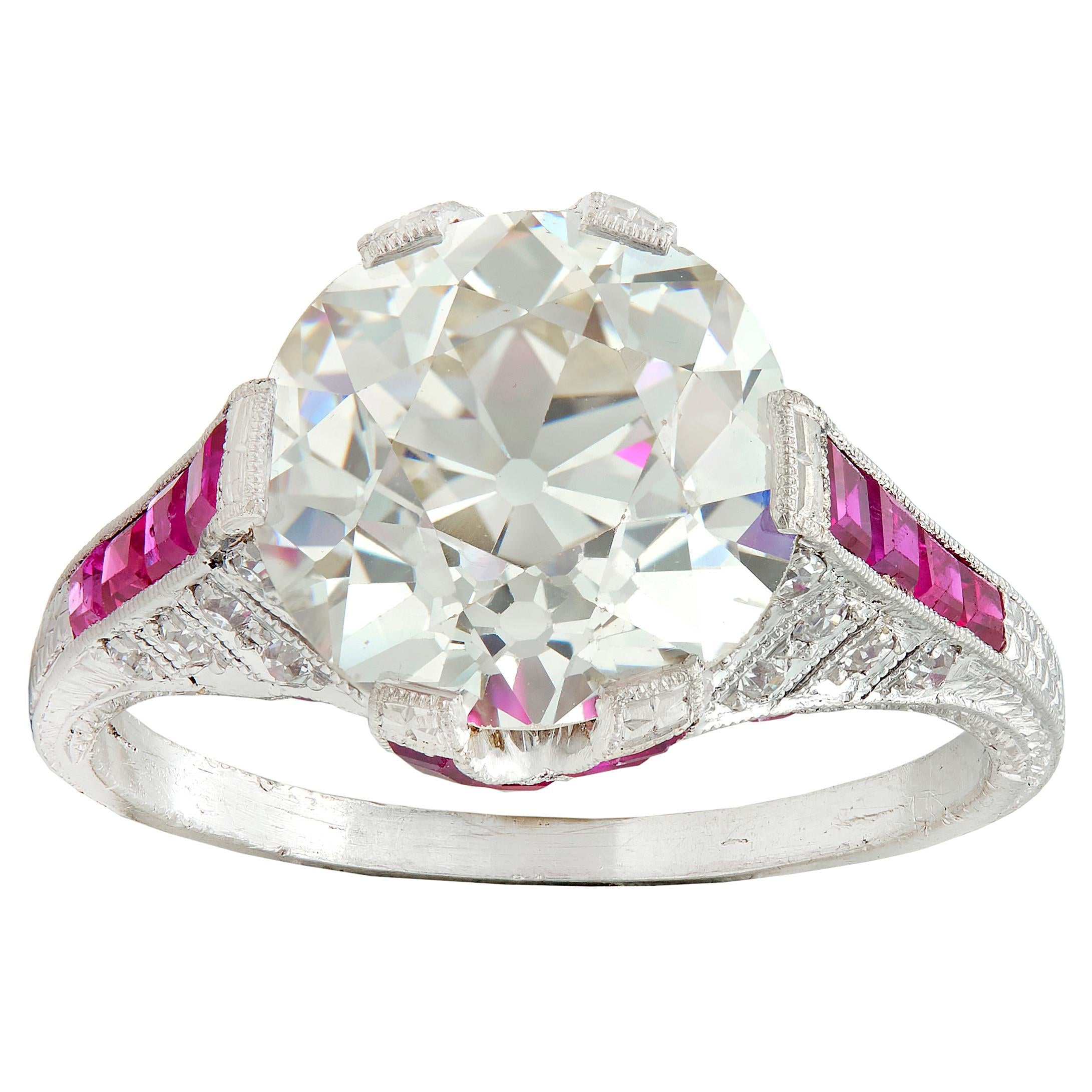 Art Deco 6.43 CTW Old European Diamond Ruby Platinum X Engagement Ring GIA