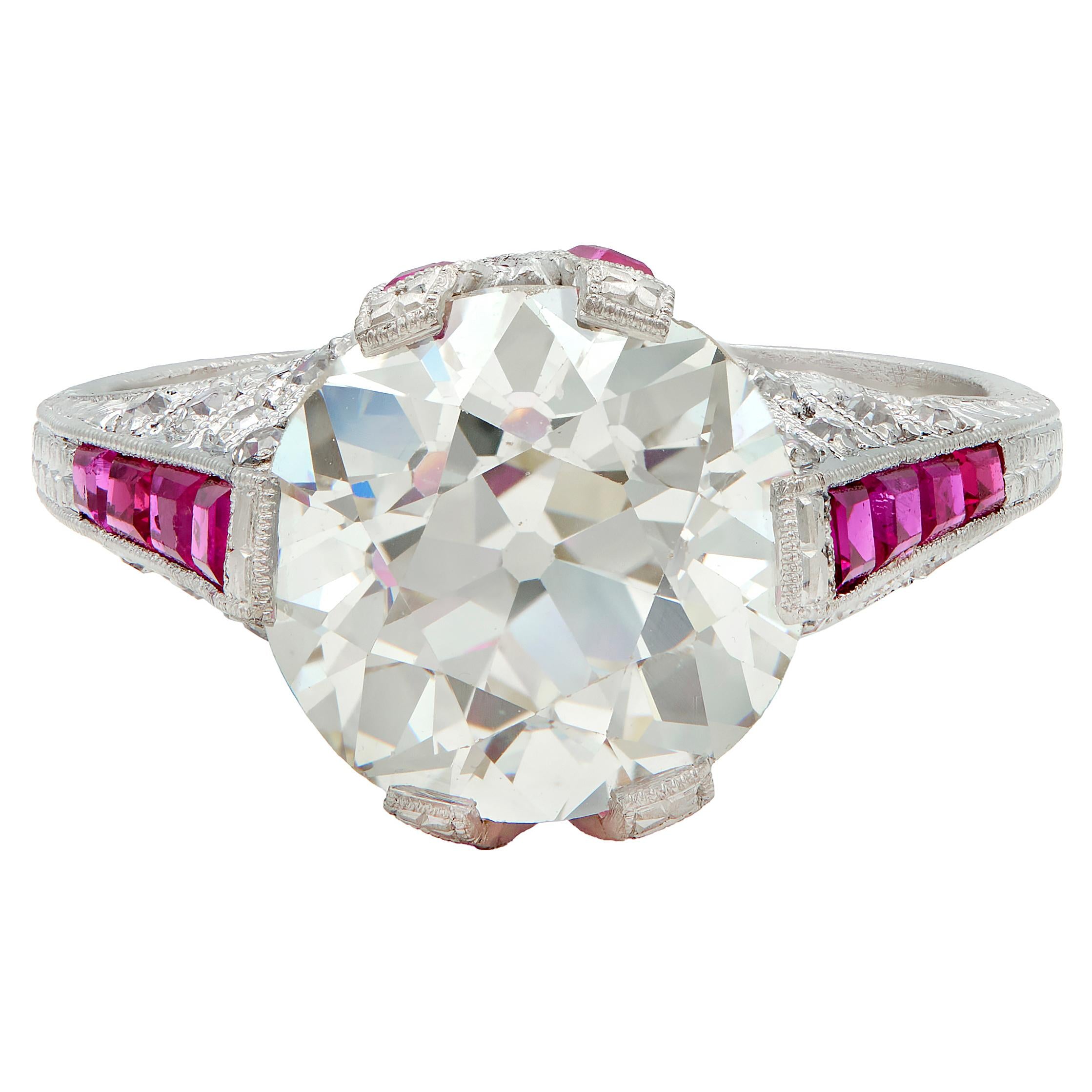 Art Deco 6.43 CTW Old European Diamond Ruby Platinum X Engagement Ring GIA