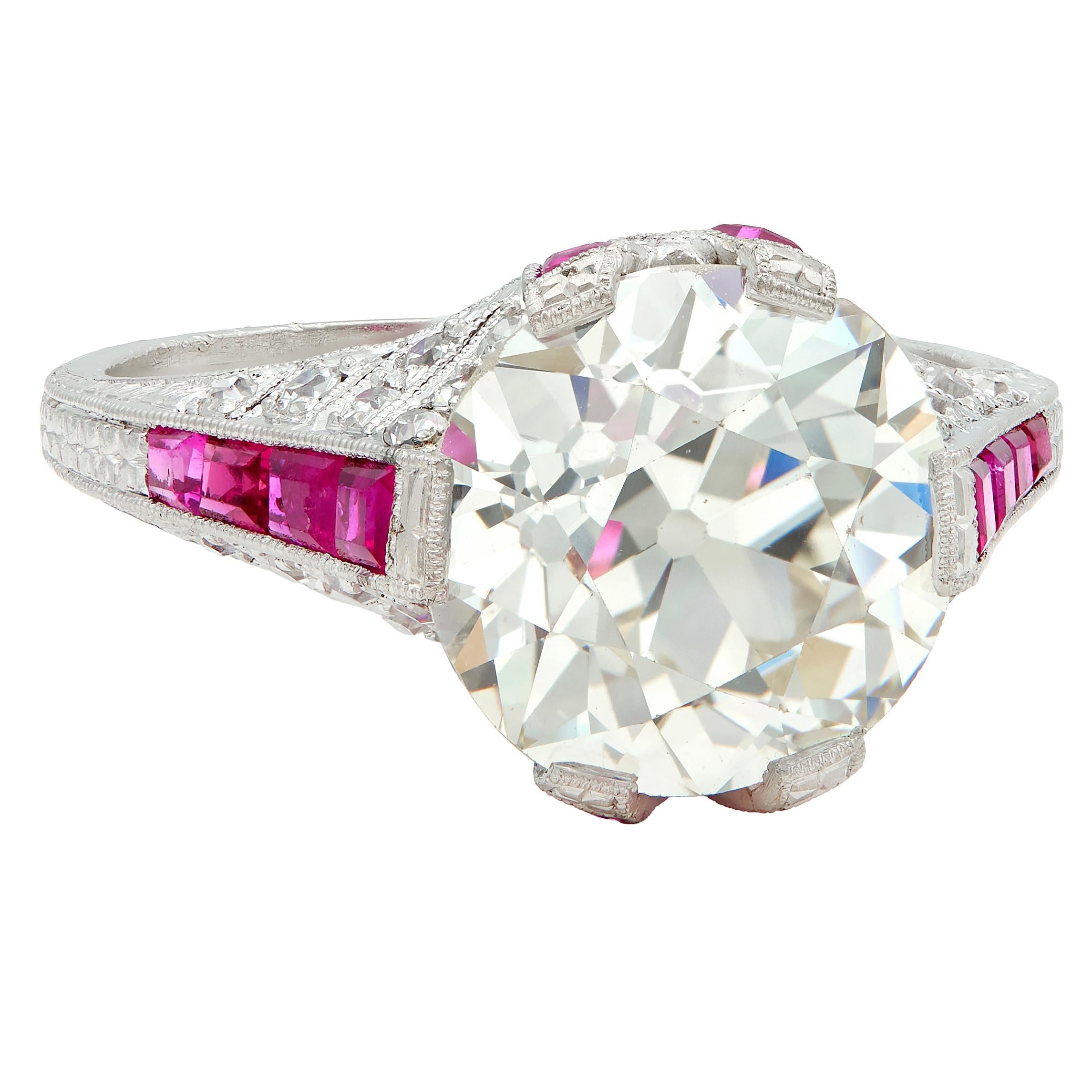 Art Deco 6.43 CTW Old European Diamond Ruby Platinum X Engagement Ring GIA