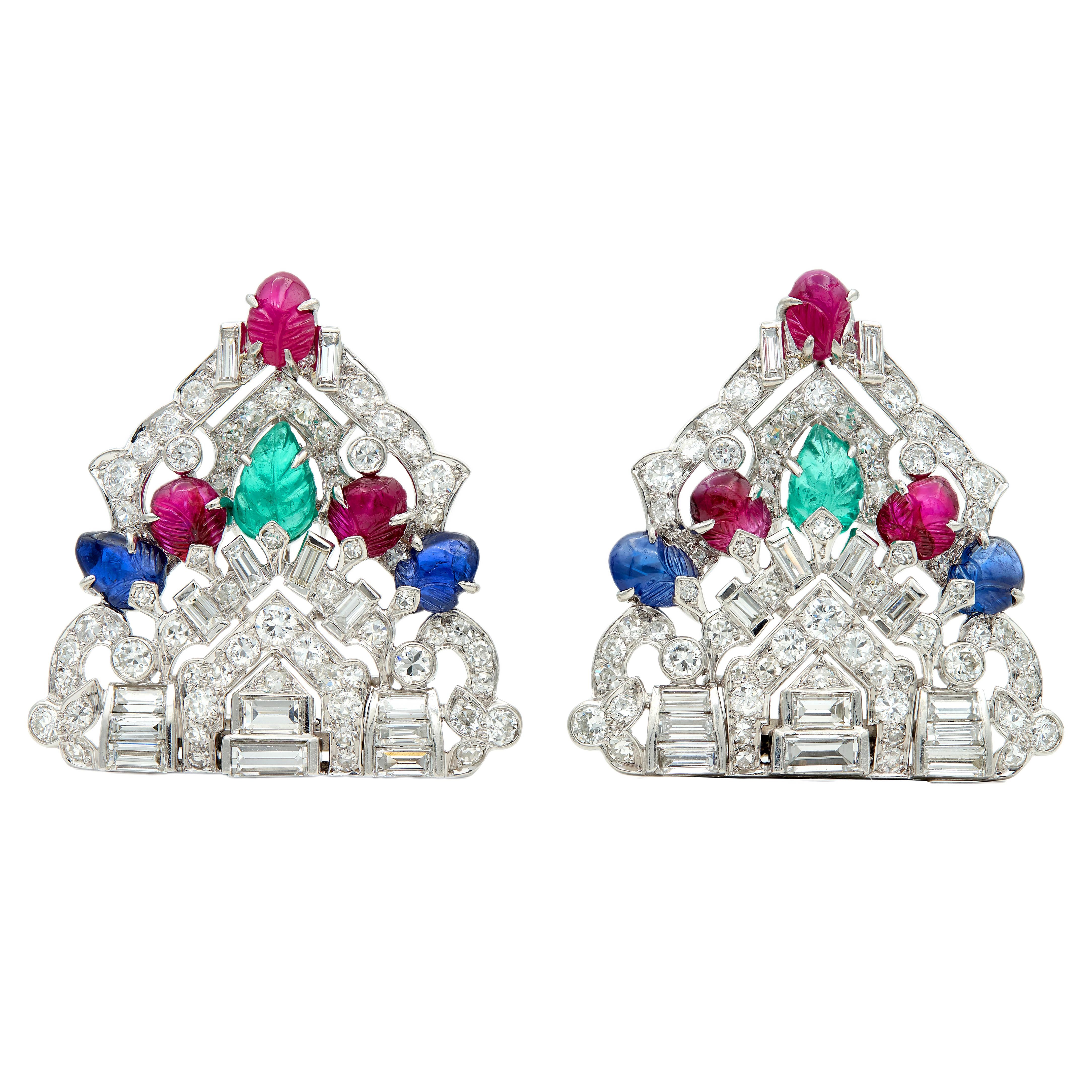 Art Deco Ruby Sapphire Diamond Platinum Vintage Tutti Frutti Brooch Clips