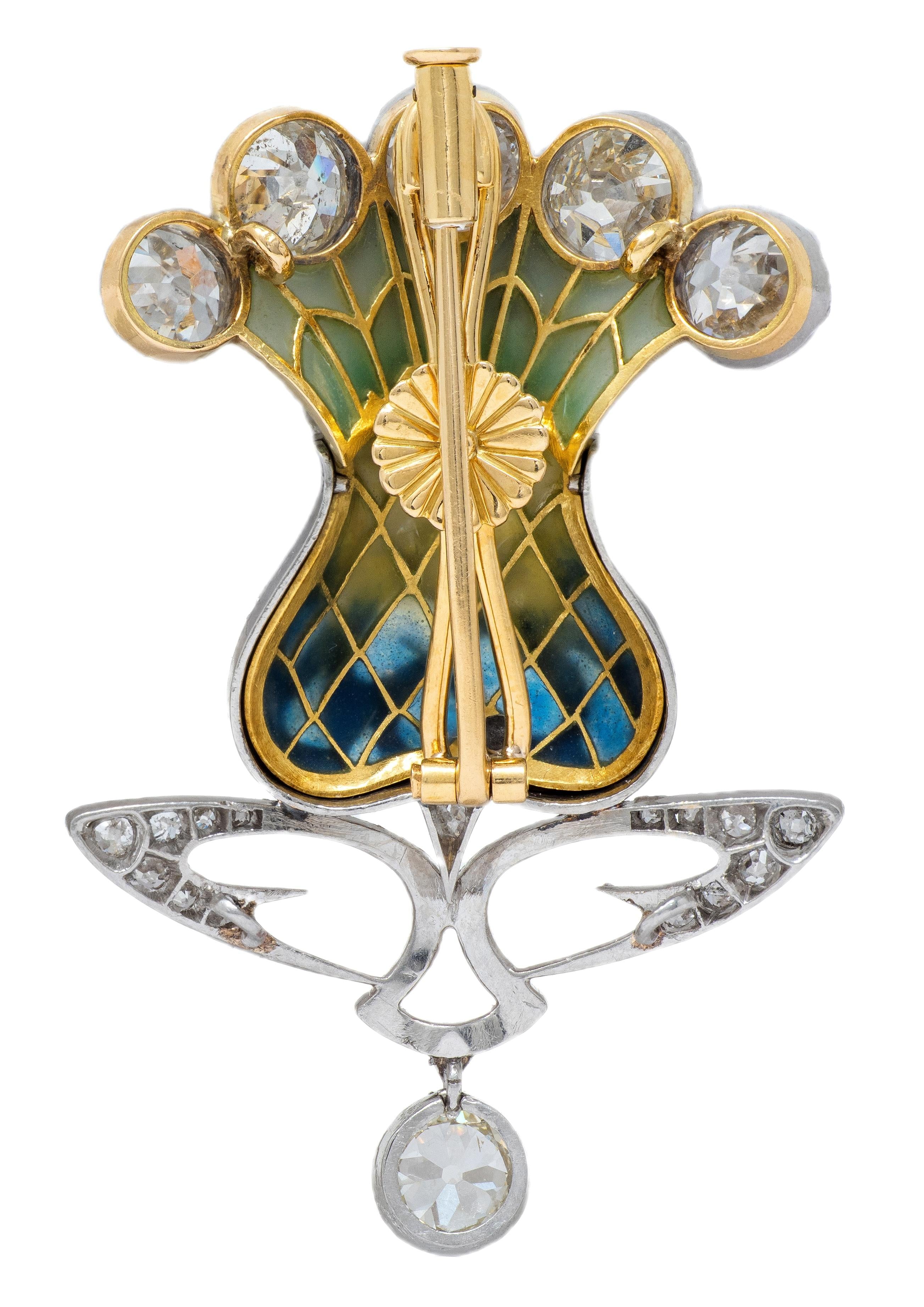 Art Nouveau Plique-a-Jour Enamel Diamond Platinum 18K Thistle Pendant Brooch