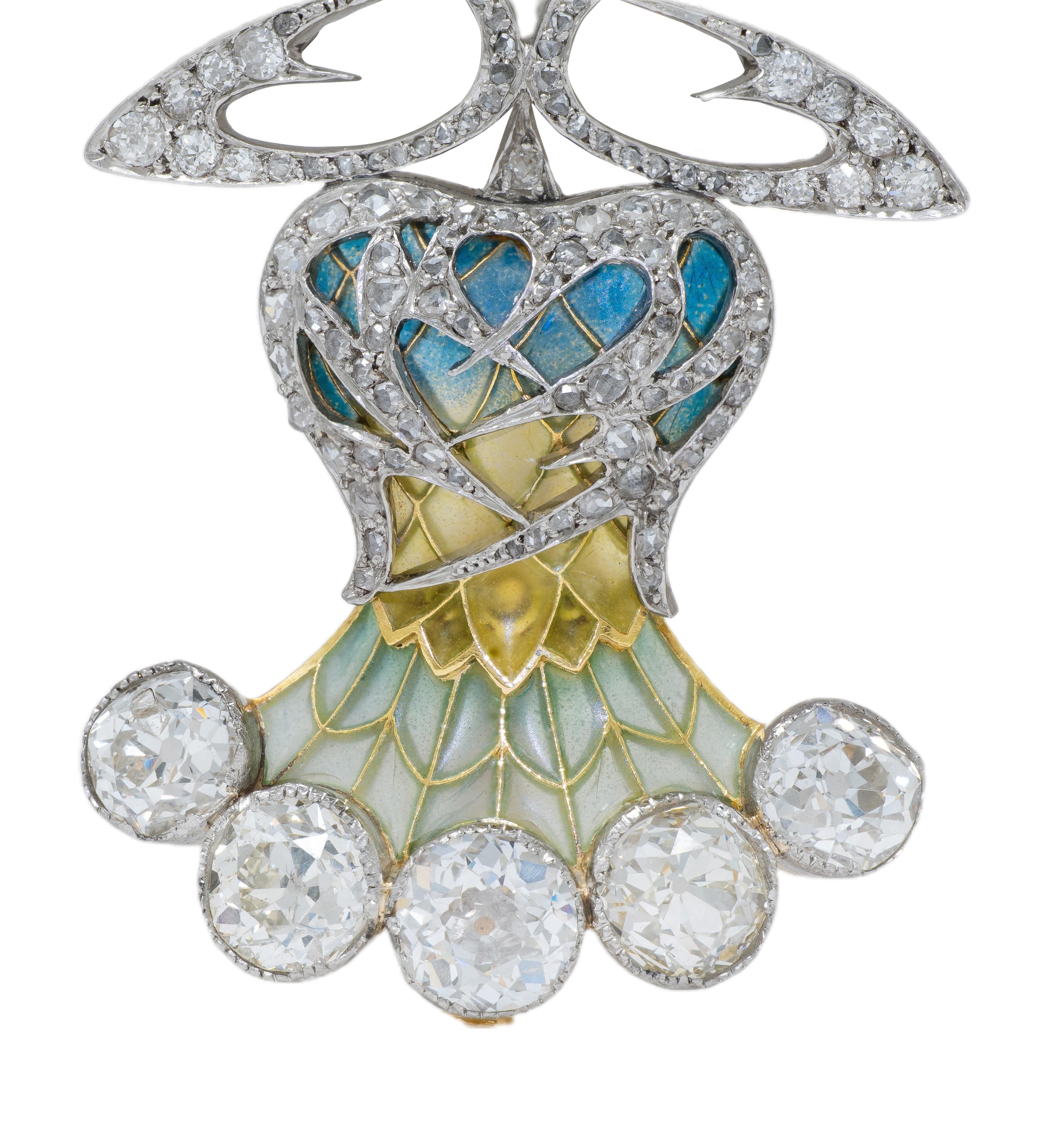 Art Nouveau Plique-a-Jour Enamel Diamond Platinum 18K Thistle Pendant Brooch