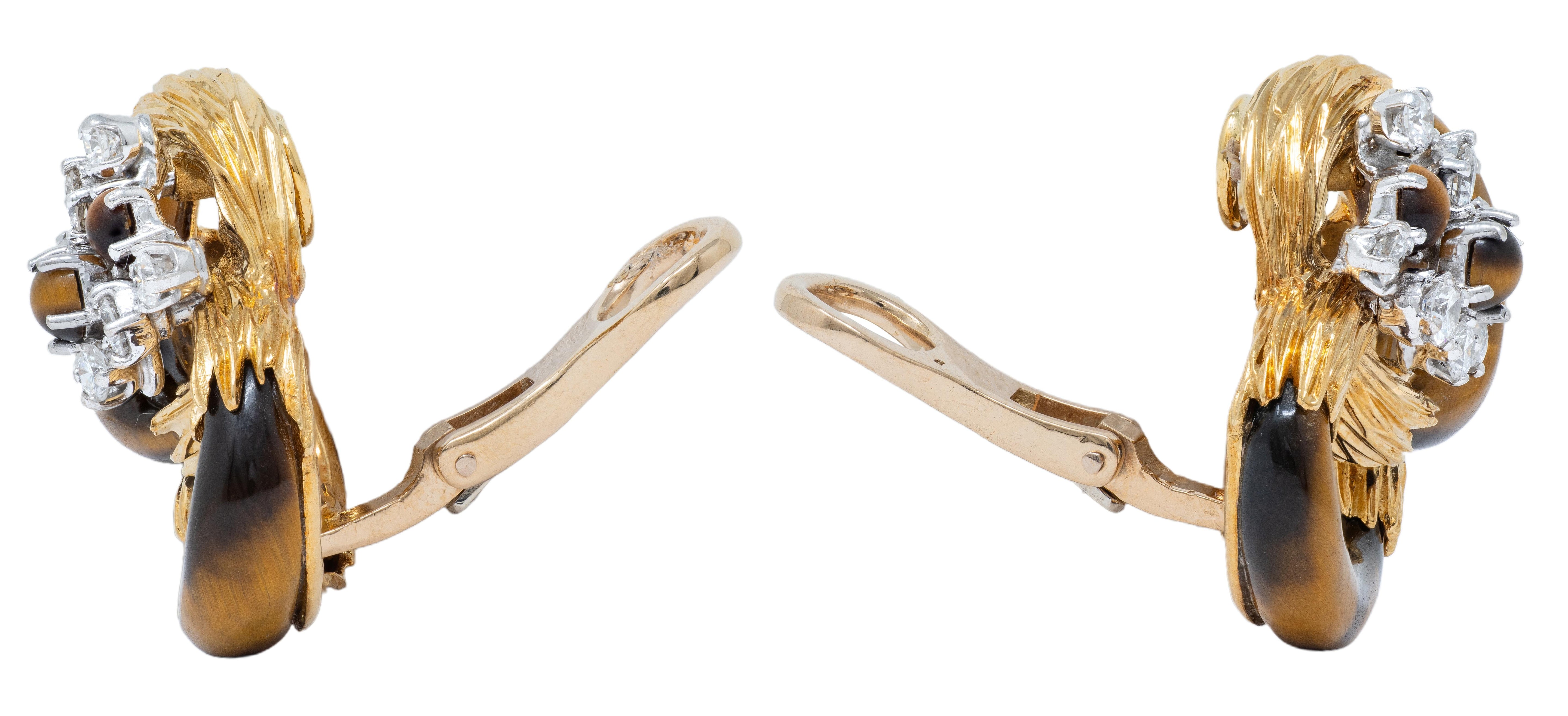 Kutchinsky 1974 Diamond Tiger's Eye 18K Gold Vintage Loop Ear-Clip Earrings