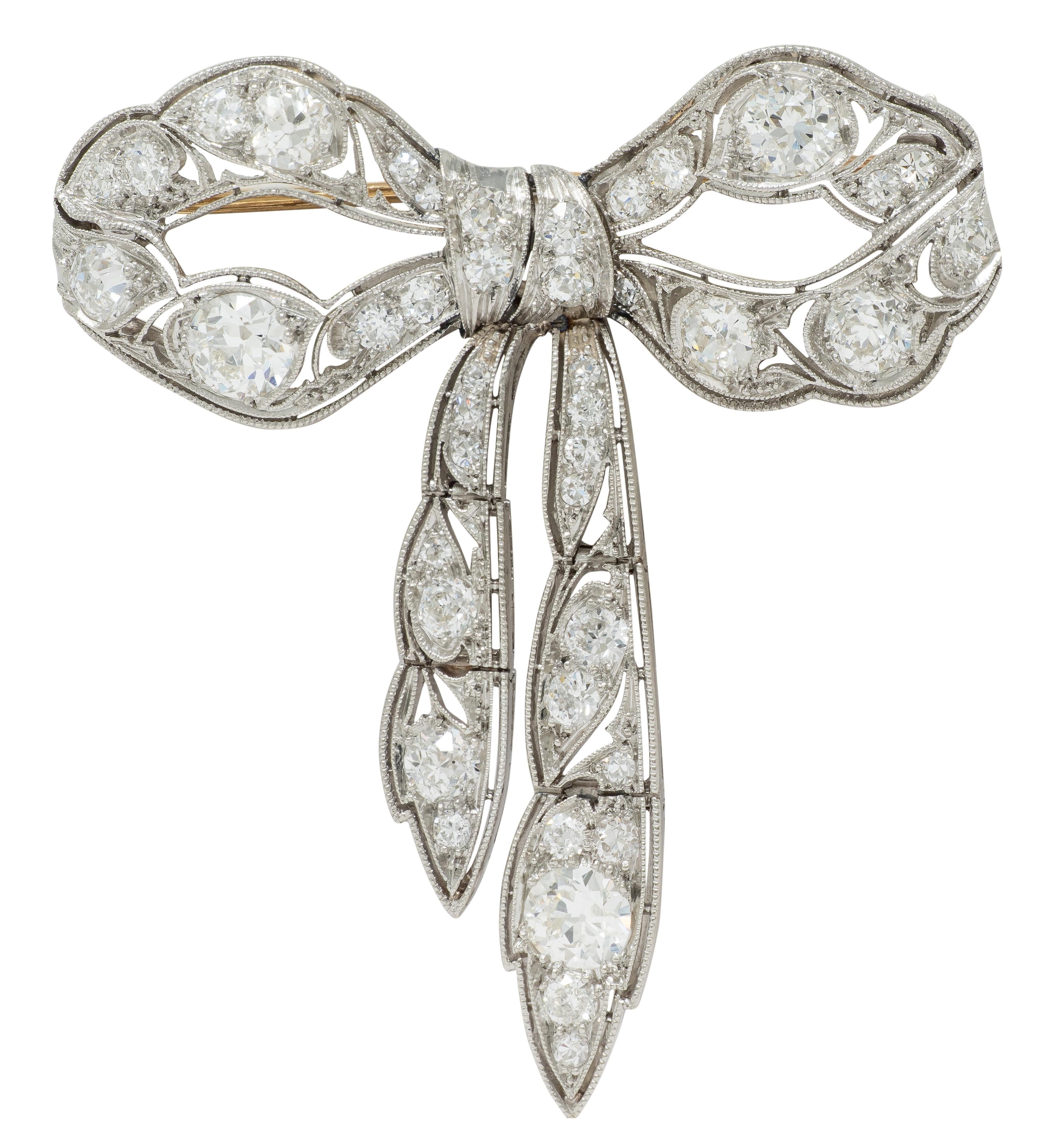 Belle Èpoque Diamond Platinum Antique Lace En Tremblant Bow Brooch