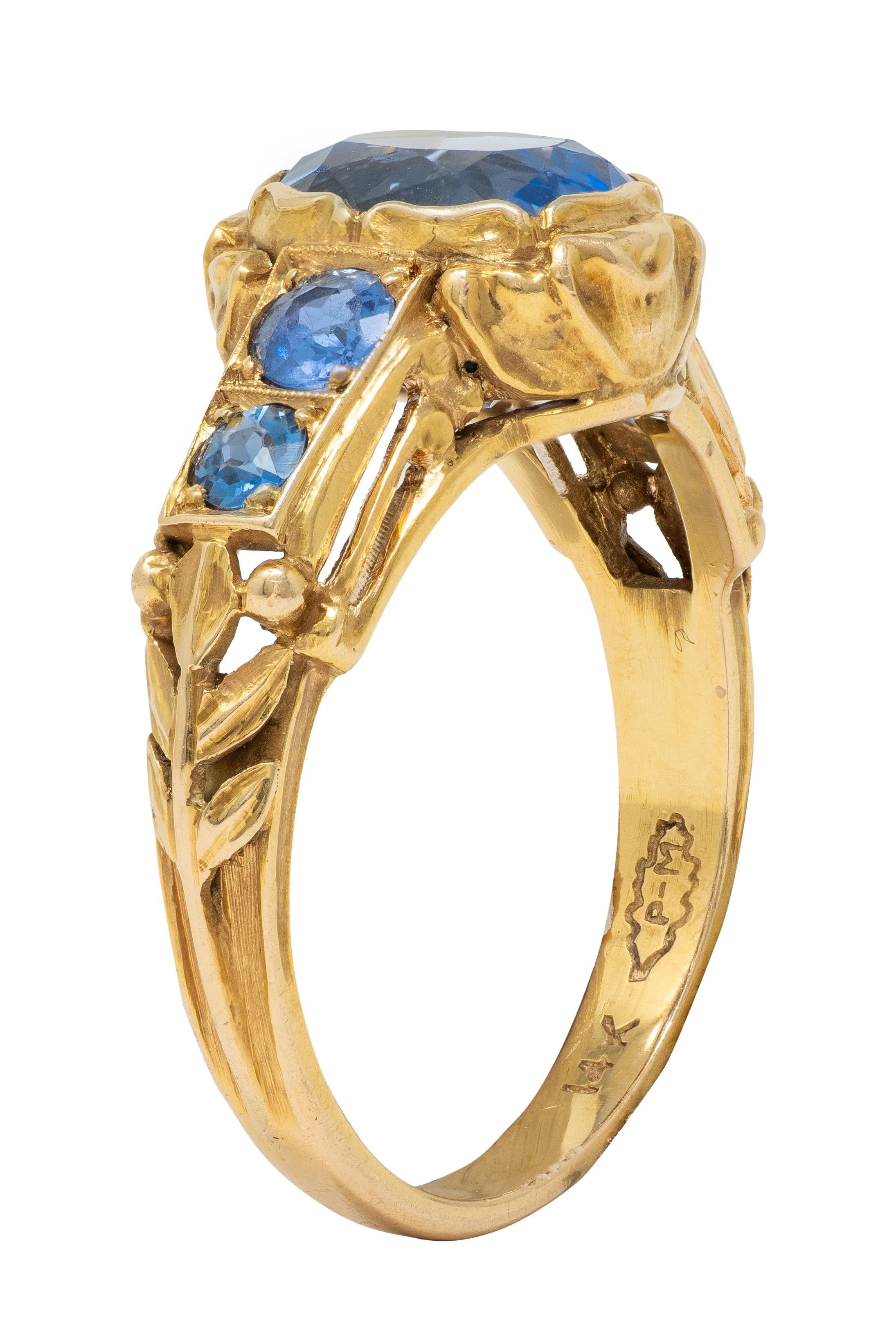 1905 Art Nouveau 3.54 CTW Sapphire 14 Karat Yellow Gold Antique Flower Ring