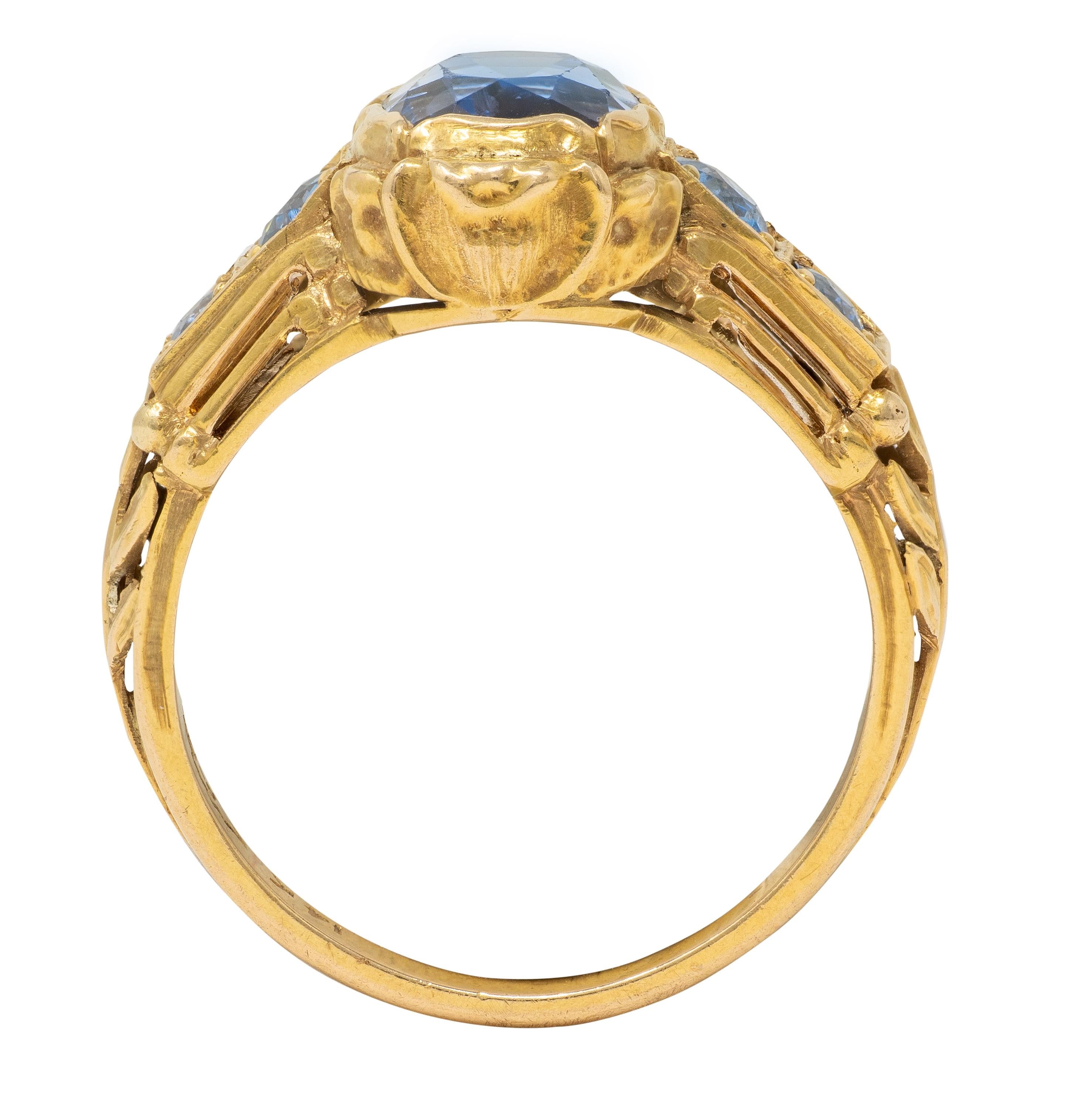 1905 Art Nouveau 3.54 CTW Sapphire 14 Karat Yellow Gold Antique Flower Ring
