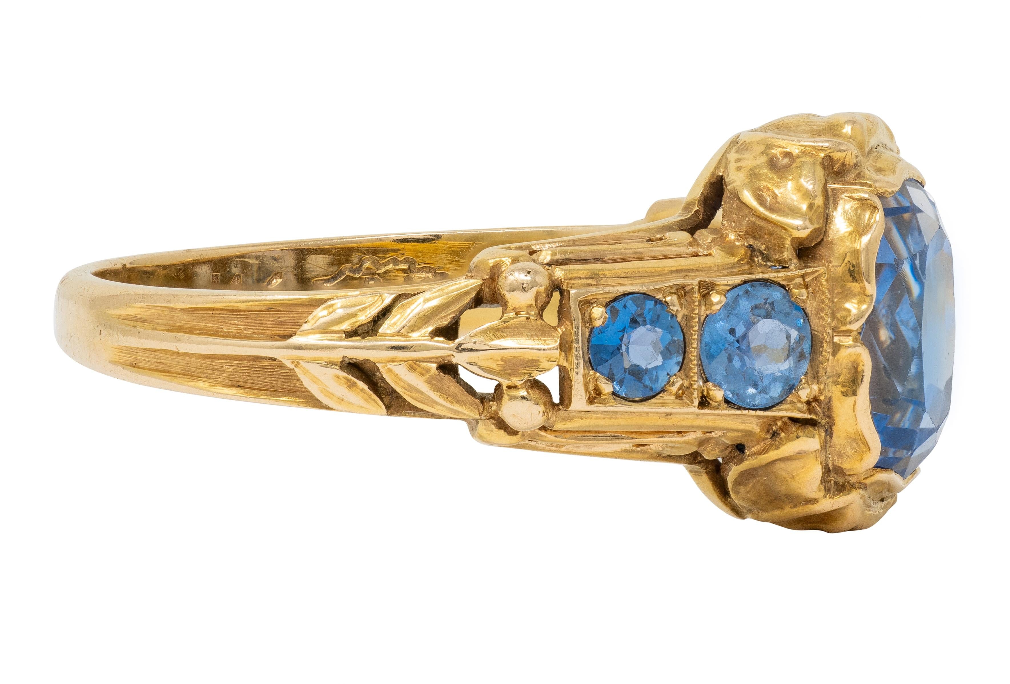 1905 Art Nouveau 3.54 CTW Sapphire 14 Karat Yellow Gold Antique Flower Ring