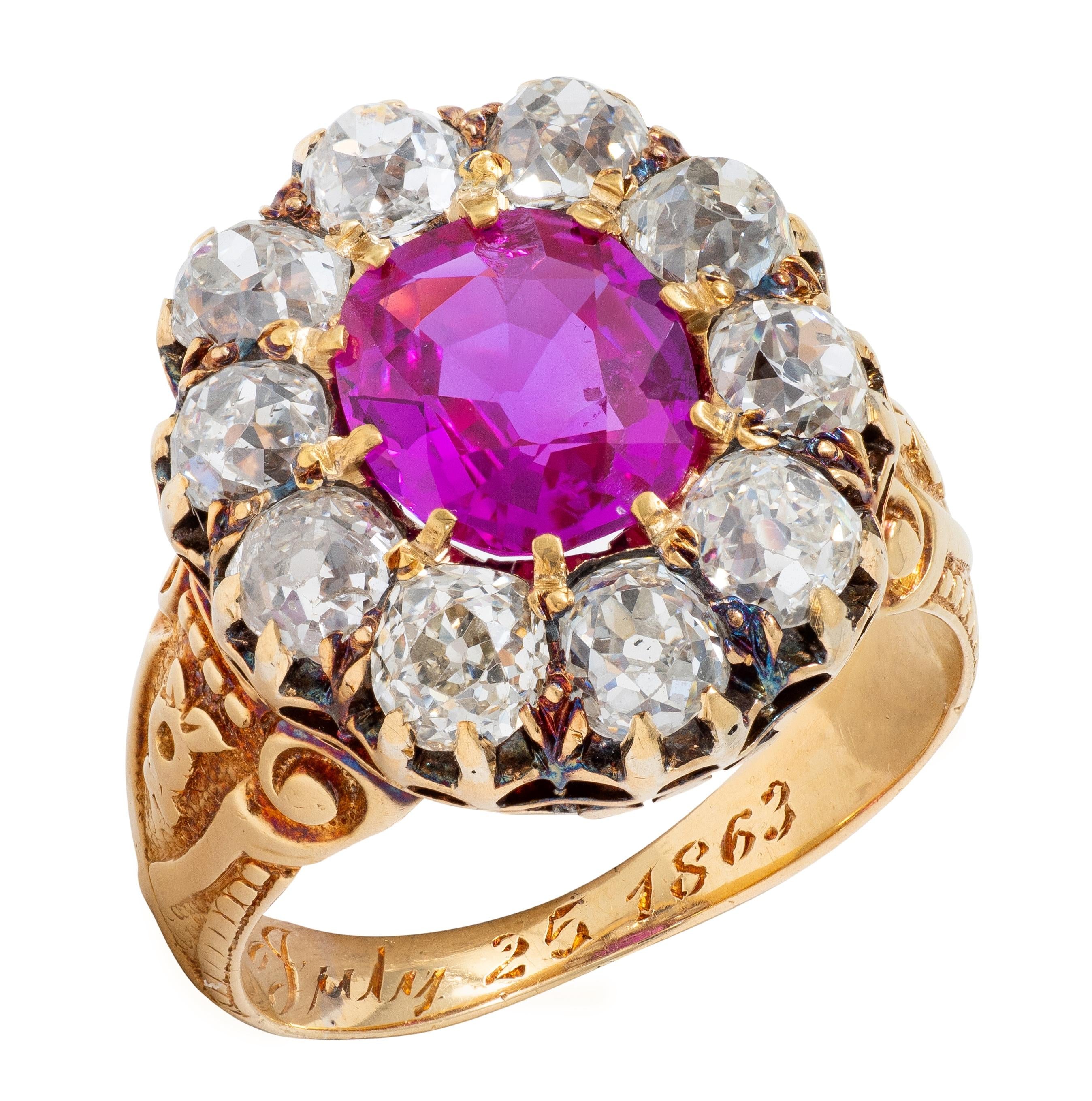 Victorian 1863 No Heat Burma Pink Sapphire Diamond 18K Gold Antique Halo Ring