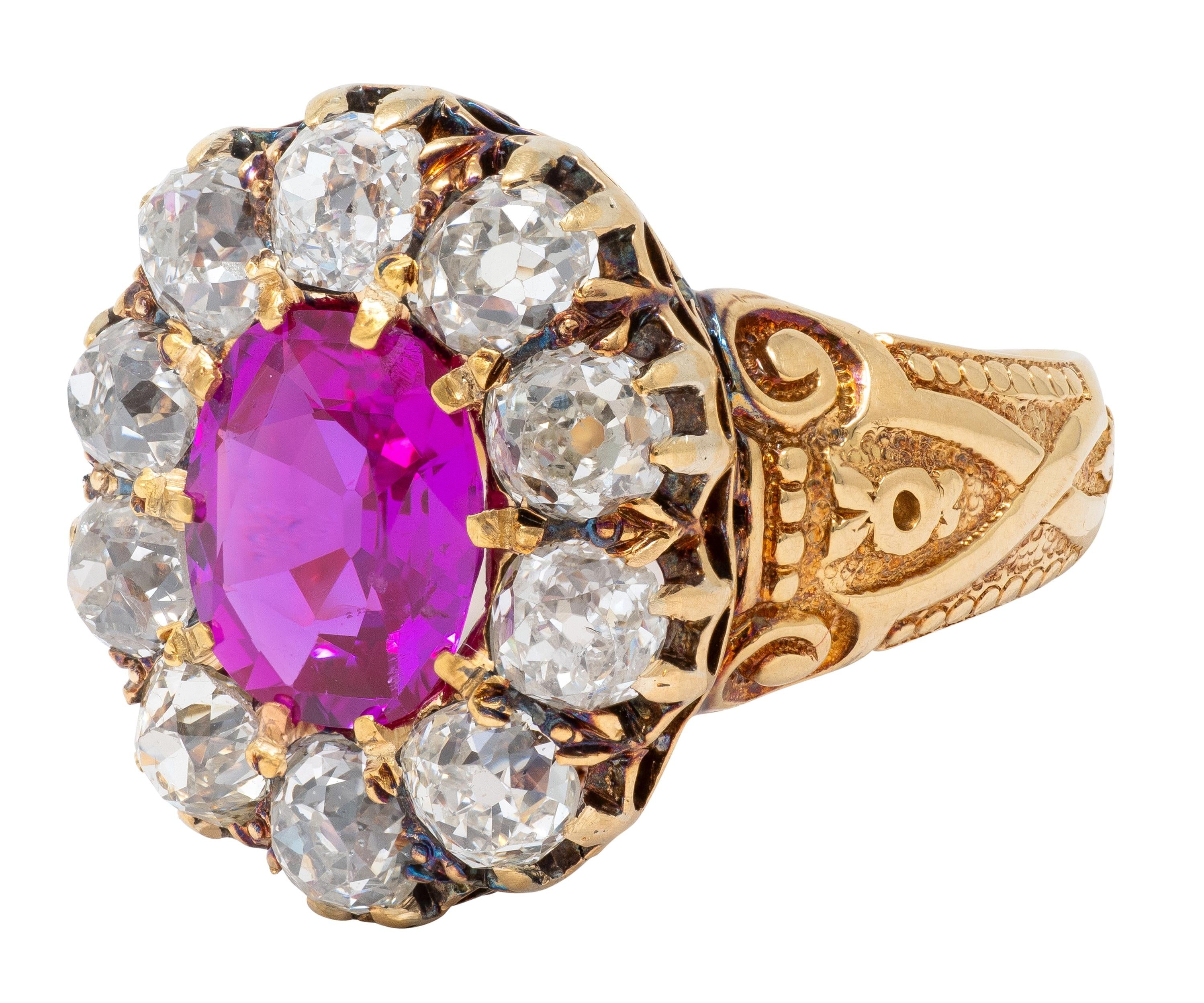 Victorian 1863 No Heat Burma Pink Sapphire Diamond 18K Gold Antique Halo Ring
