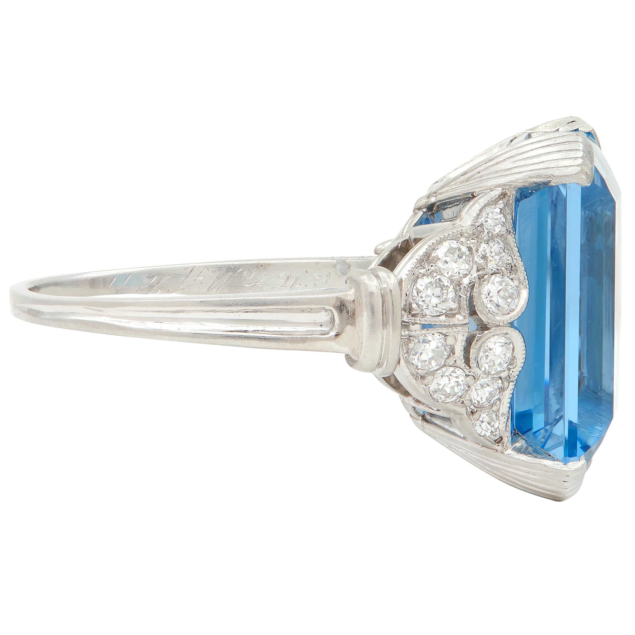 Tiffany & Co. Art Deco Aquamarine Diamond Platinum Vintage Scroll Cocktail Ring
