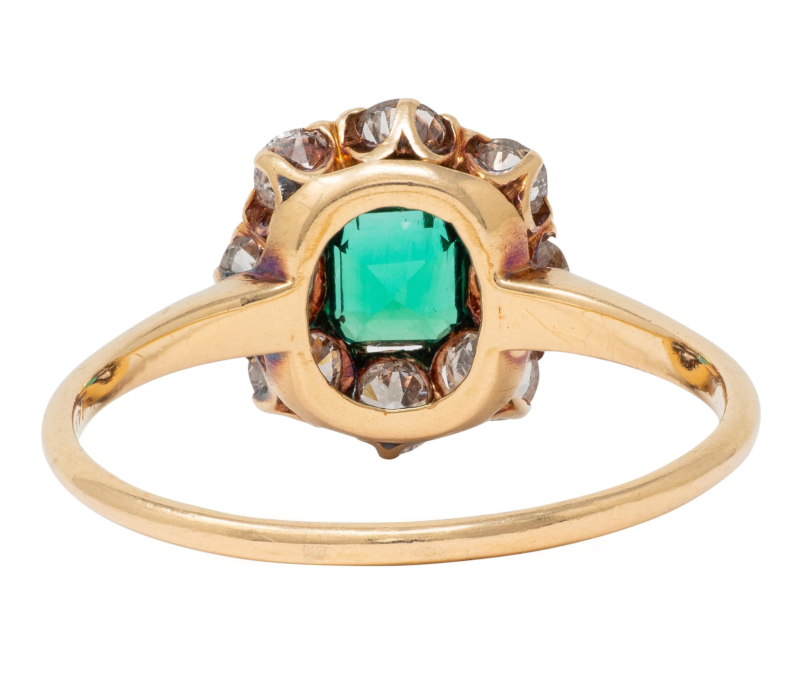Victorian 1.23 CTW Emerald Diamond 14 Karat Yellow Gold Antique Halo Ring