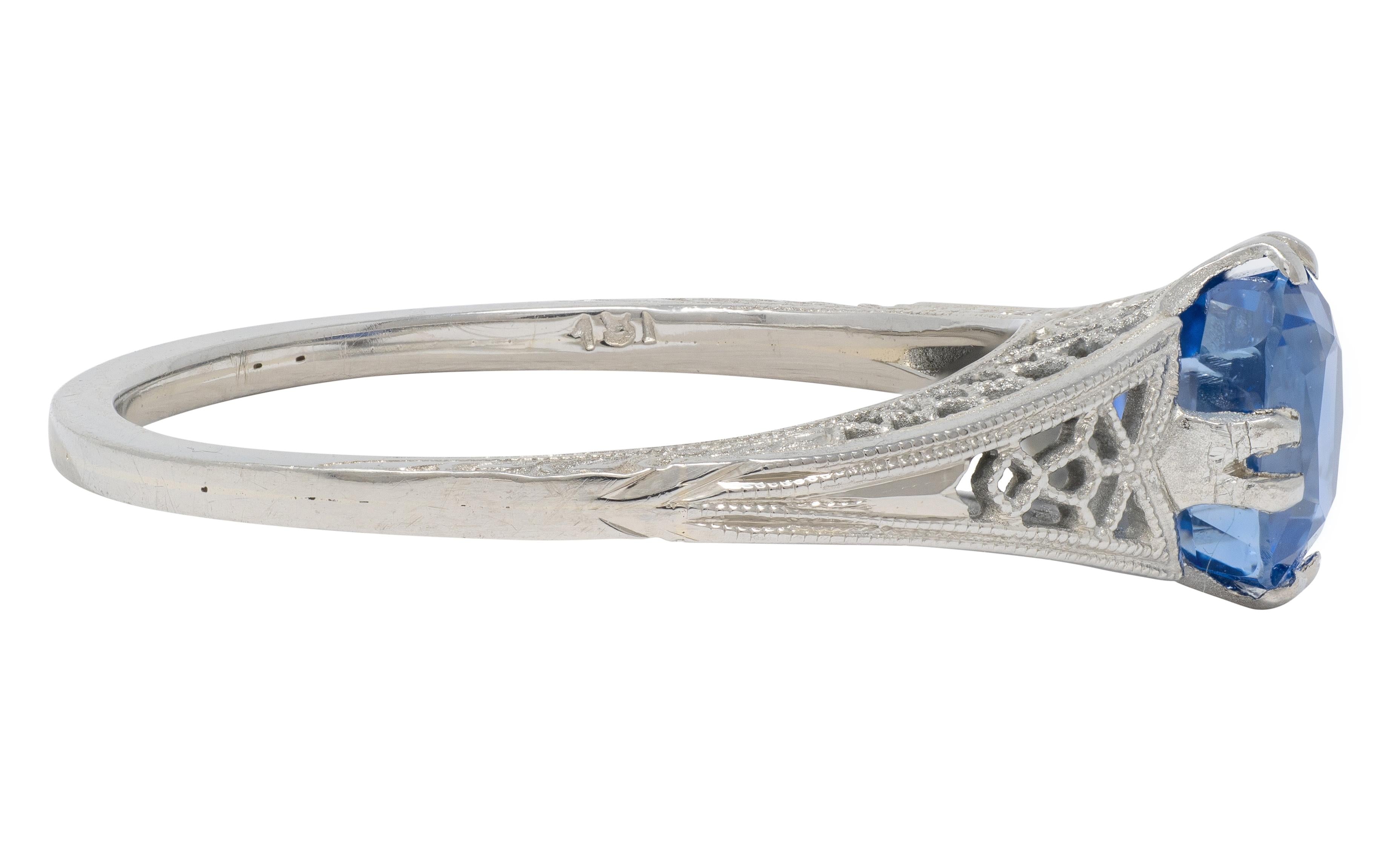 Art Deco 0.93 CTW Oval Cut Sapphire 18 Karat White Gold Vintage Lotus Ring