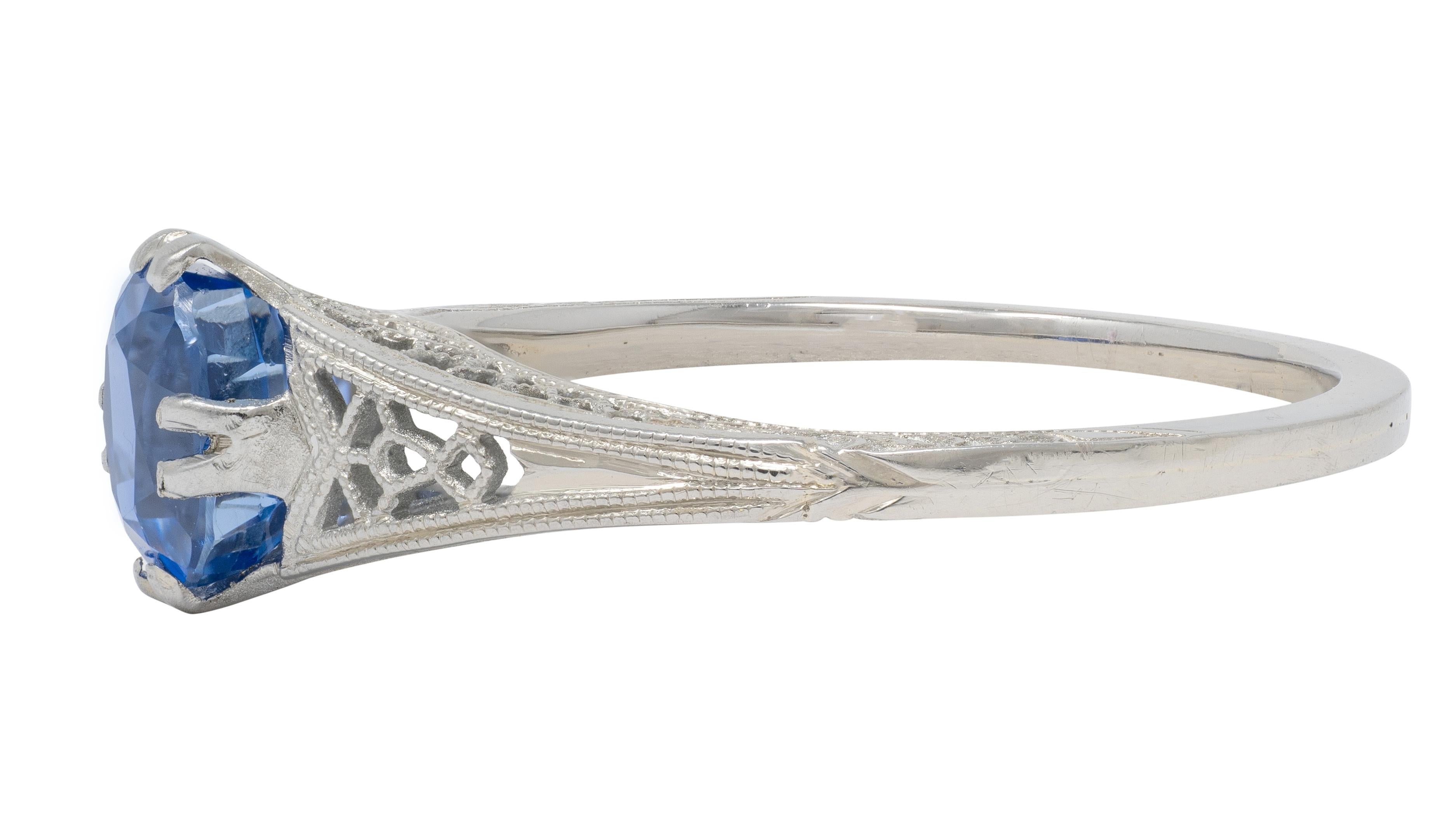 Art Deco 0.93 CTW Oval Cut Sapphire 18 Karat White Gold Vintage Lotus Ring