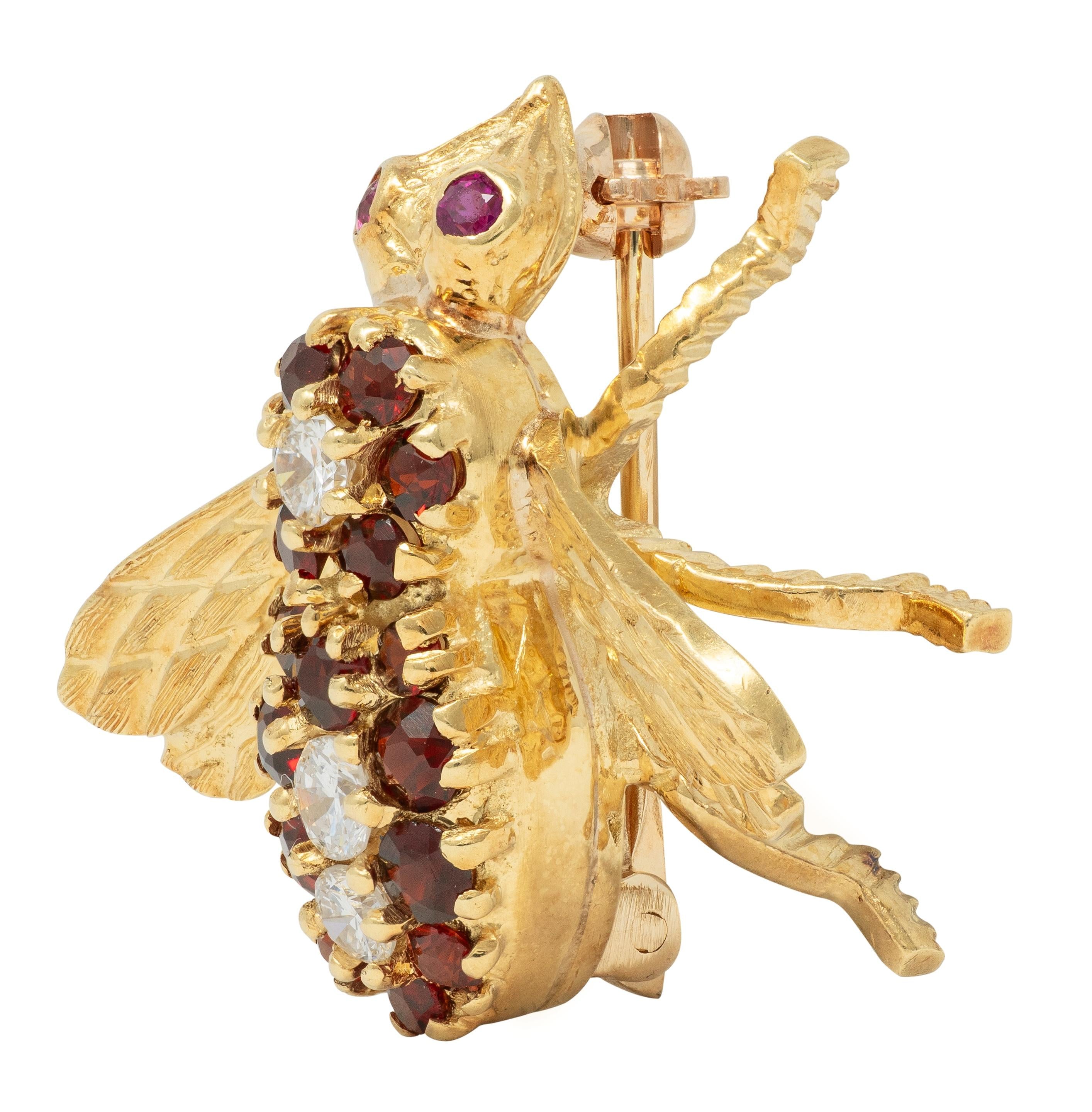 Rosenthal 1960s Diamond Ruby Citrine 18 Karat Yellow Gold Vintage Bee Bug Brooch