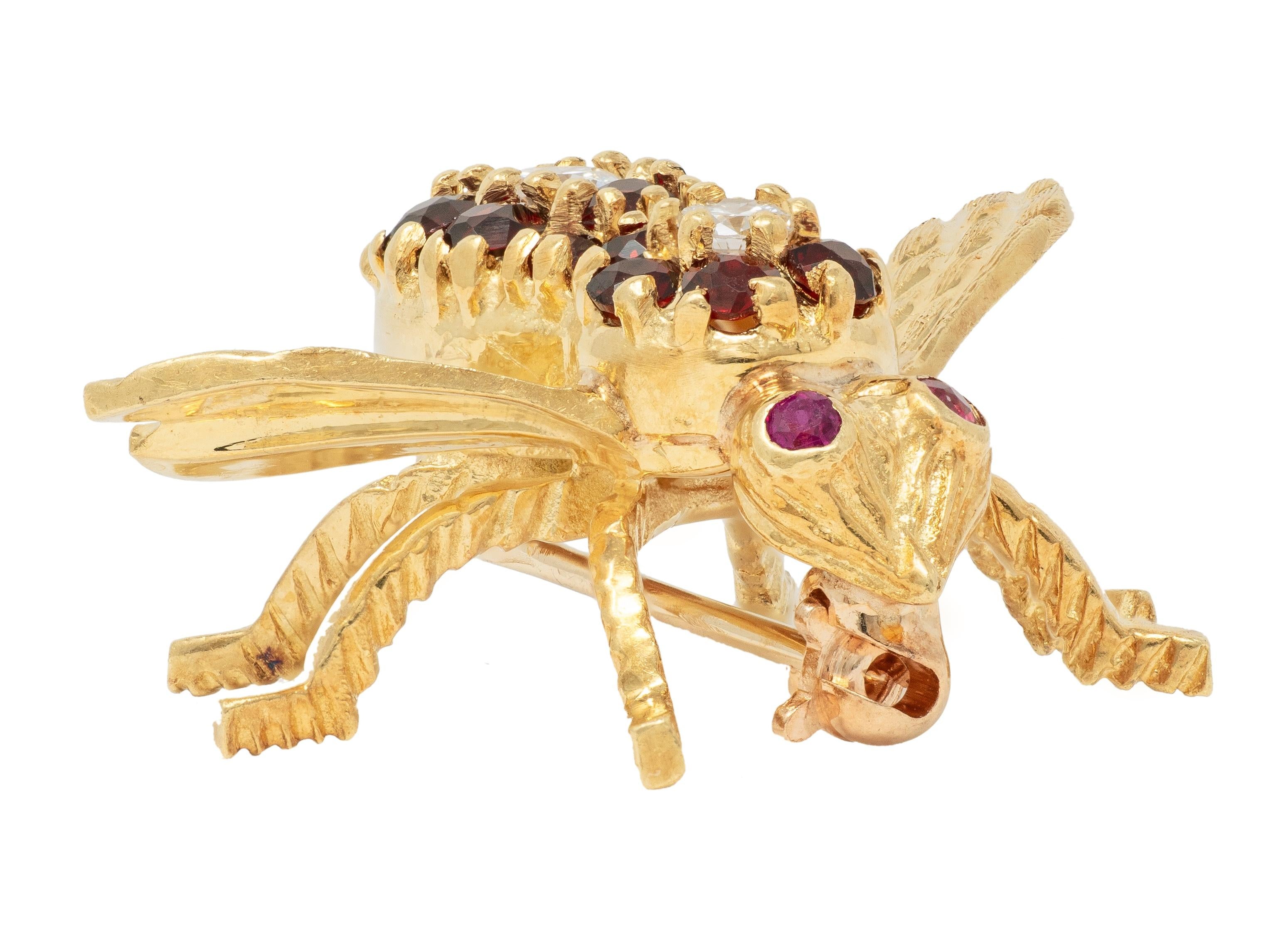 Rosenthal 1960s Diamond Ruby Citrine 18 Karat Yellow Gold Vintage Bee Bug Brooch