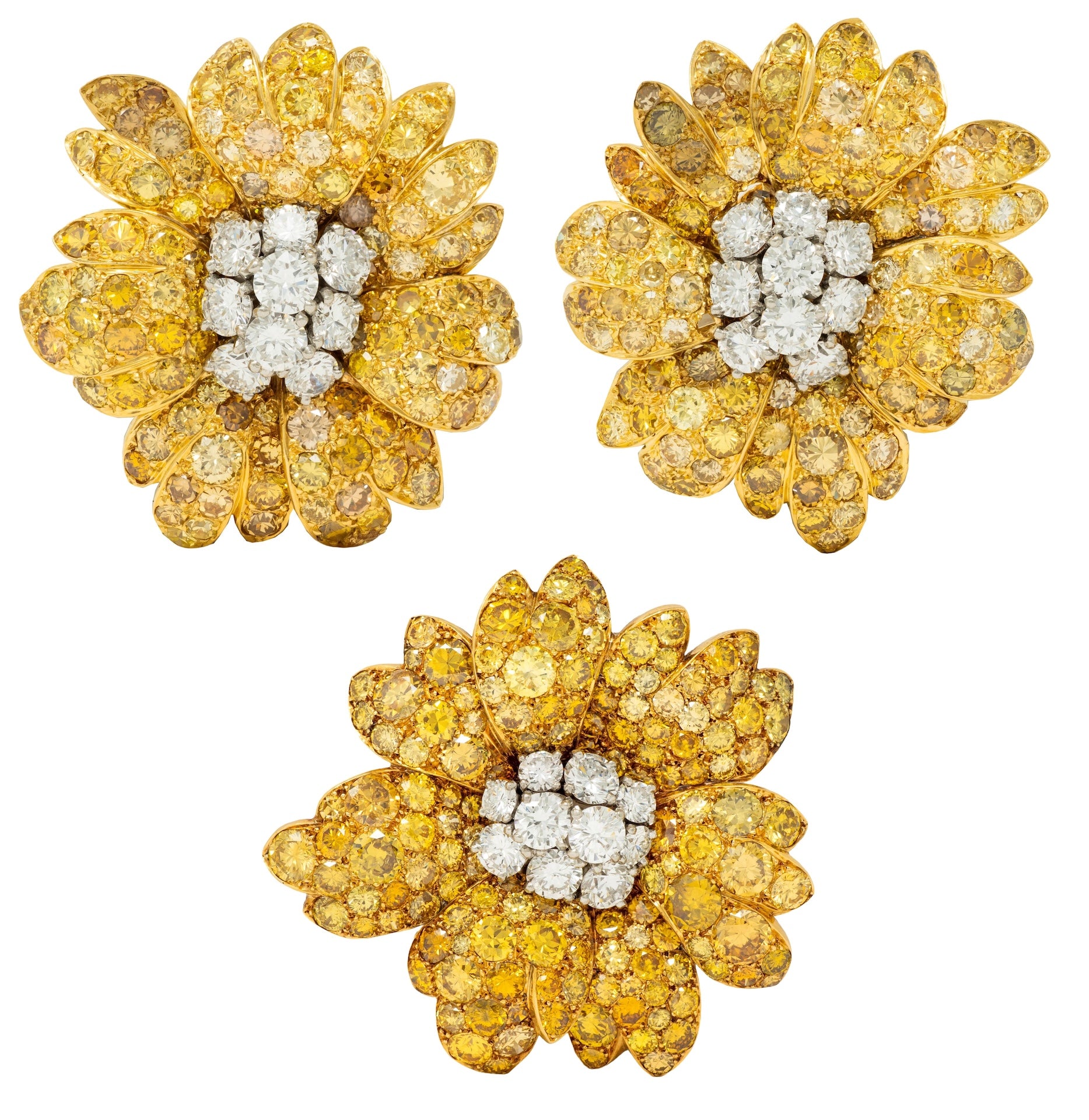 Van Cleef & Arpels French Fancy Colored Diamond 18 Karat Yellow Gold Vintage 1960's Flower Brooch & Earrings
