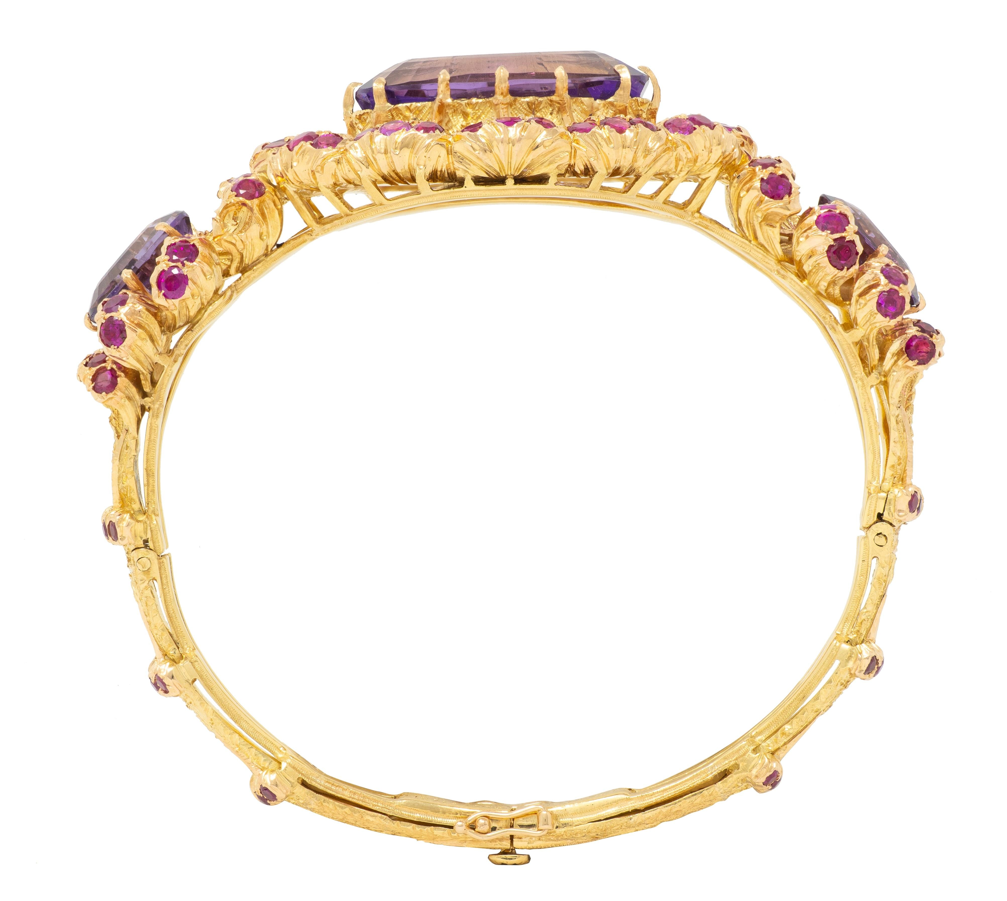 Buccellati 1960 36.79 CTW Amethyst Ruby 18K Gold Vintage Floral Bangle Bracelet