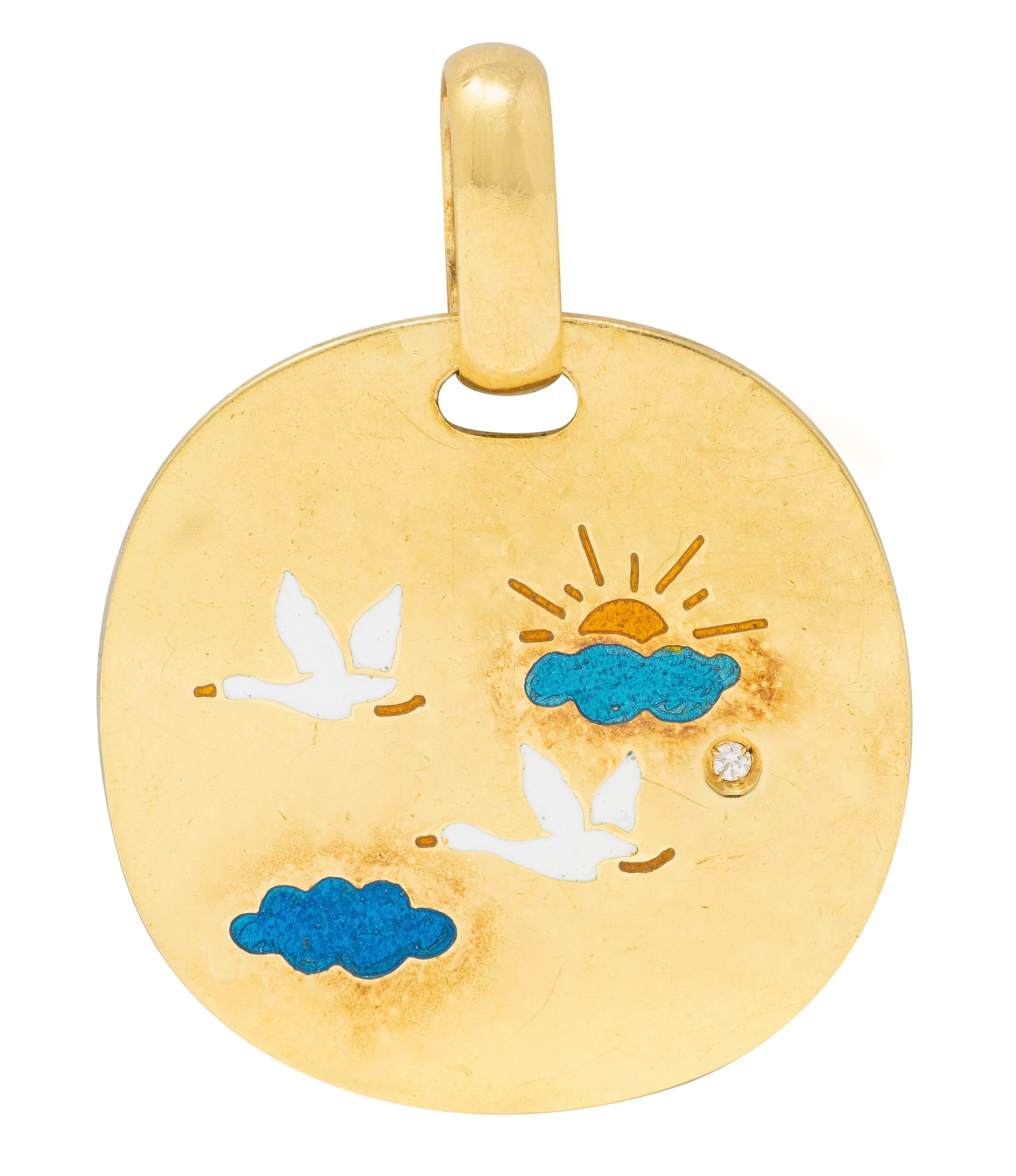 Alfieri & St. John 2000's Enamel Diamond 18 Karat Gold Flying Geese Pendant