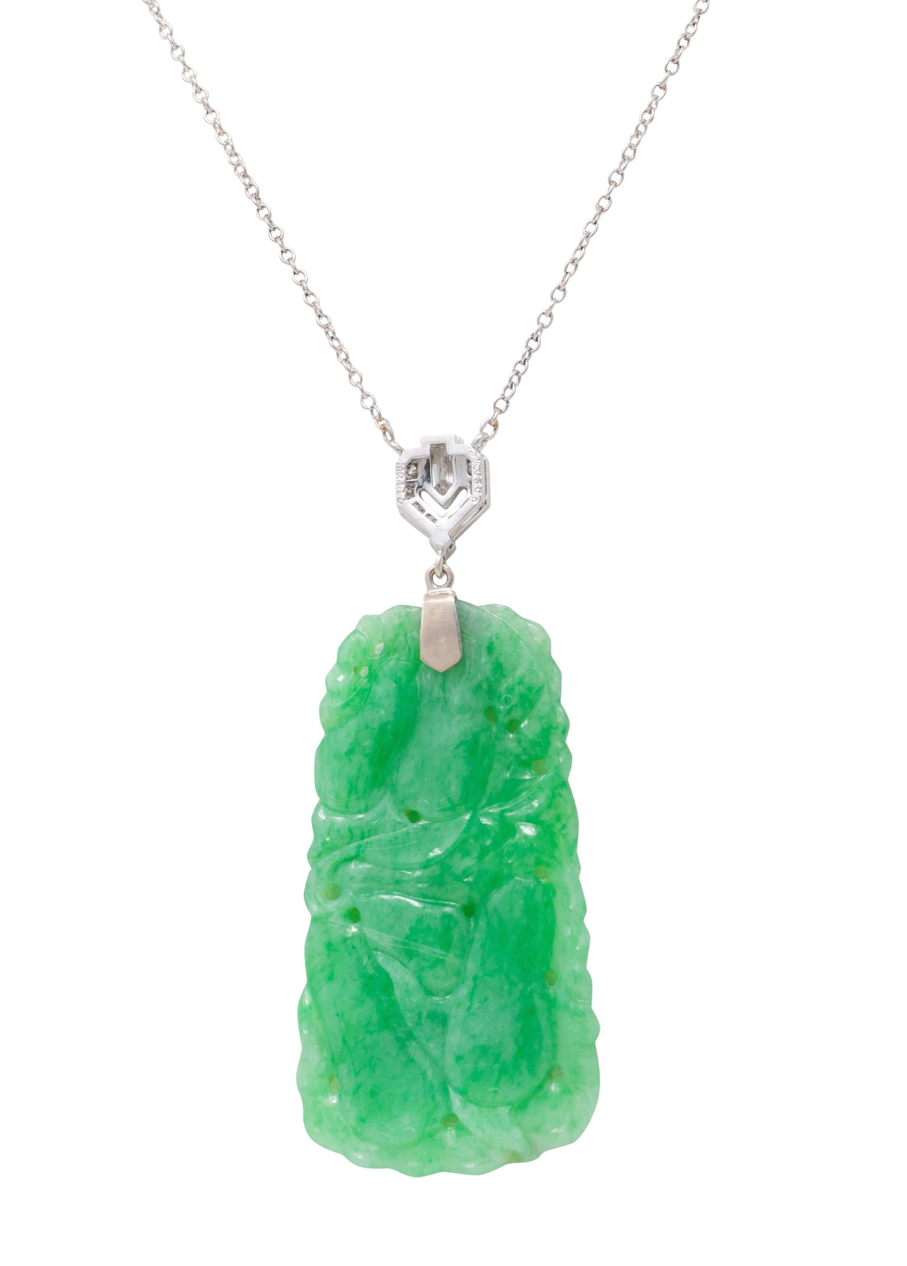 J.E. Caldwell Art Deco Jade Diamond Platinum Vintage Sartuoir Pendant Necklace