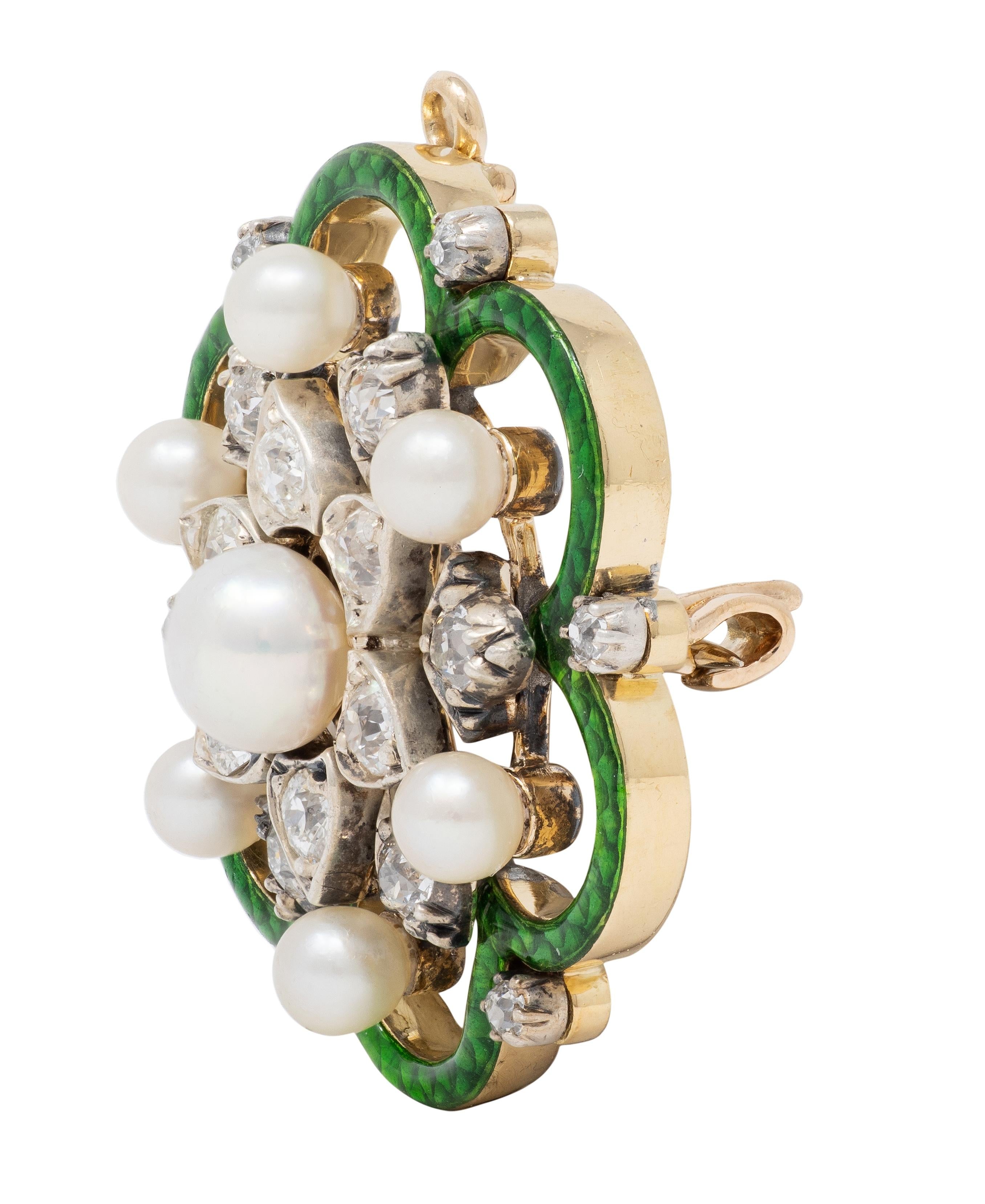 Victorian Pearl Old Mine Diamond Enamel 18K Gold Silver Antique Pendant Brooch