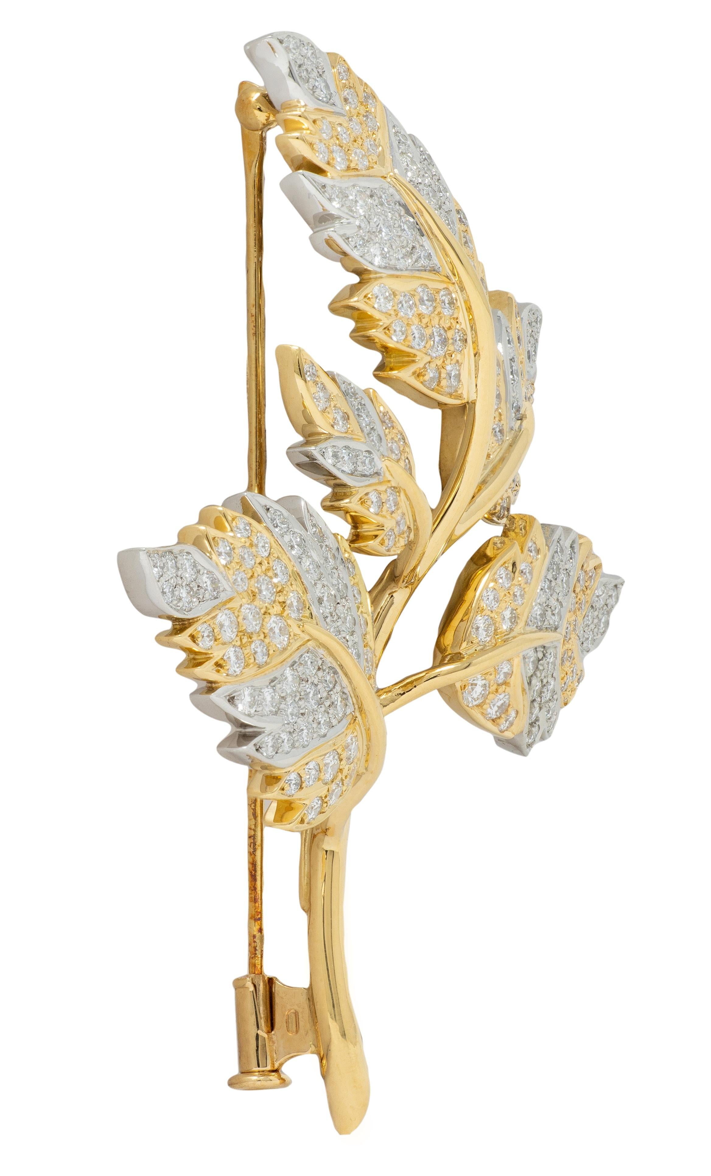 Schlumberger Tiffany & Co. Diamond Platinum 18 Karat Yellow Gold 5 Leaf Brooch