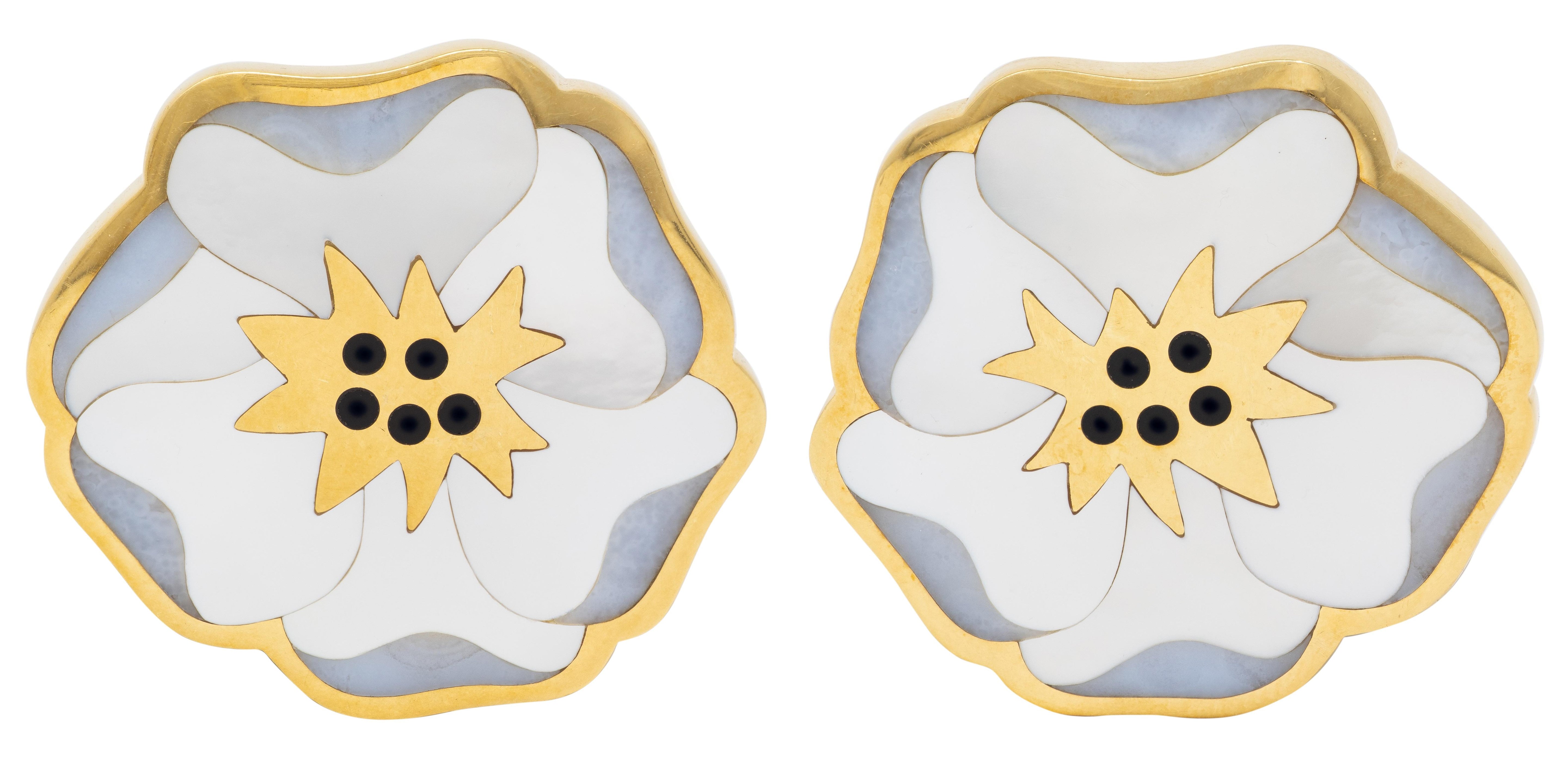 Angela Cummings Tiffany & Co Multi-Gem Inlay 18K Vintage Poppy Ear-Clip Earrings