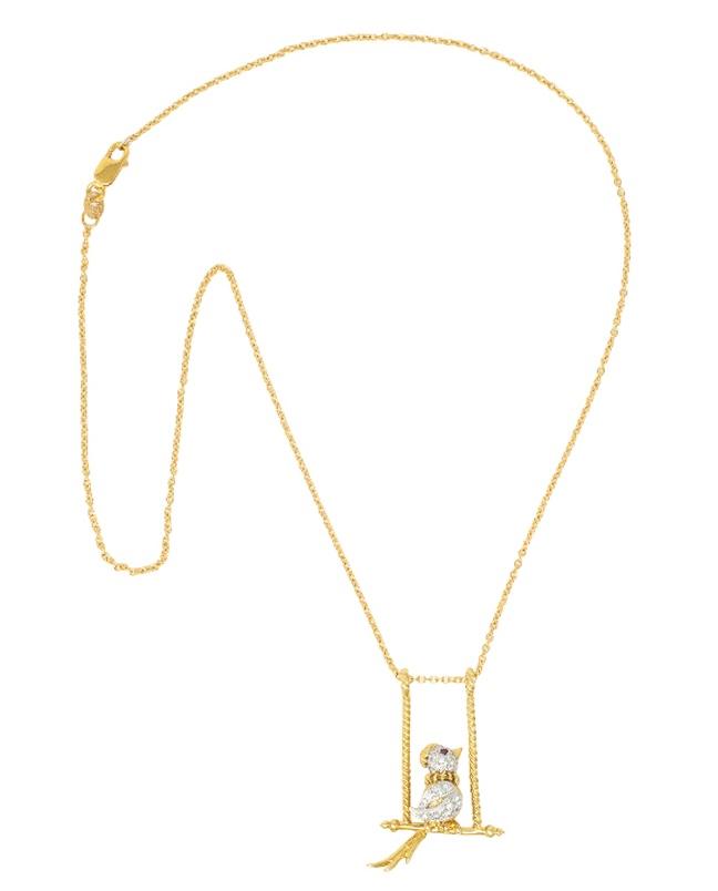 Diamond Ruby Platinum 18 Karat Yellow Gold Bird-On-A-Swing Pendant Necklace