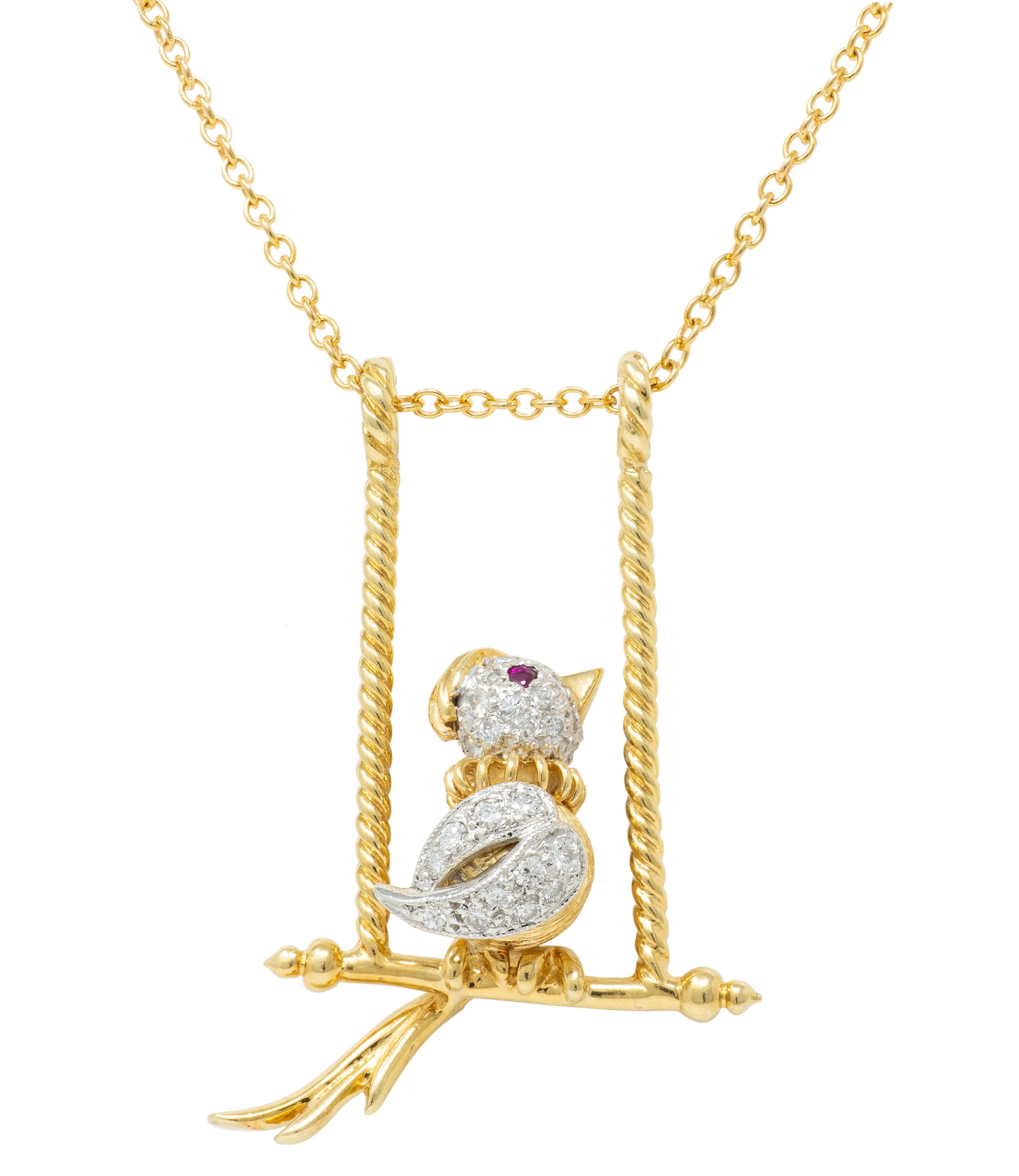 Diamond Ruby Platinum 18 Karat Yellow Gold Bird-On-A-Swing Pendant Necklace