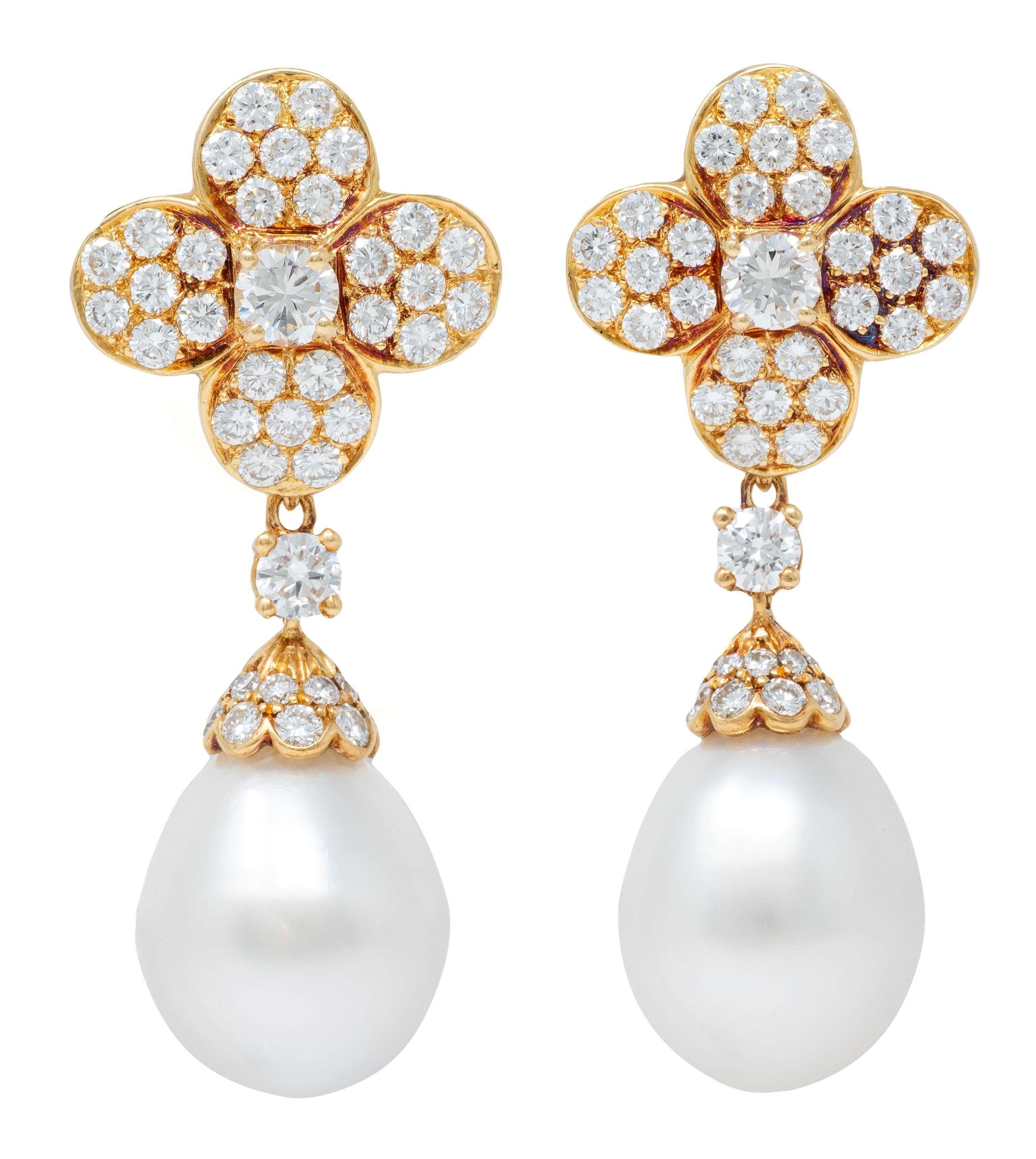 Van Cleef & Arpels French 1980 Diamond Pearl Alhambra Day-To-Night Earrings