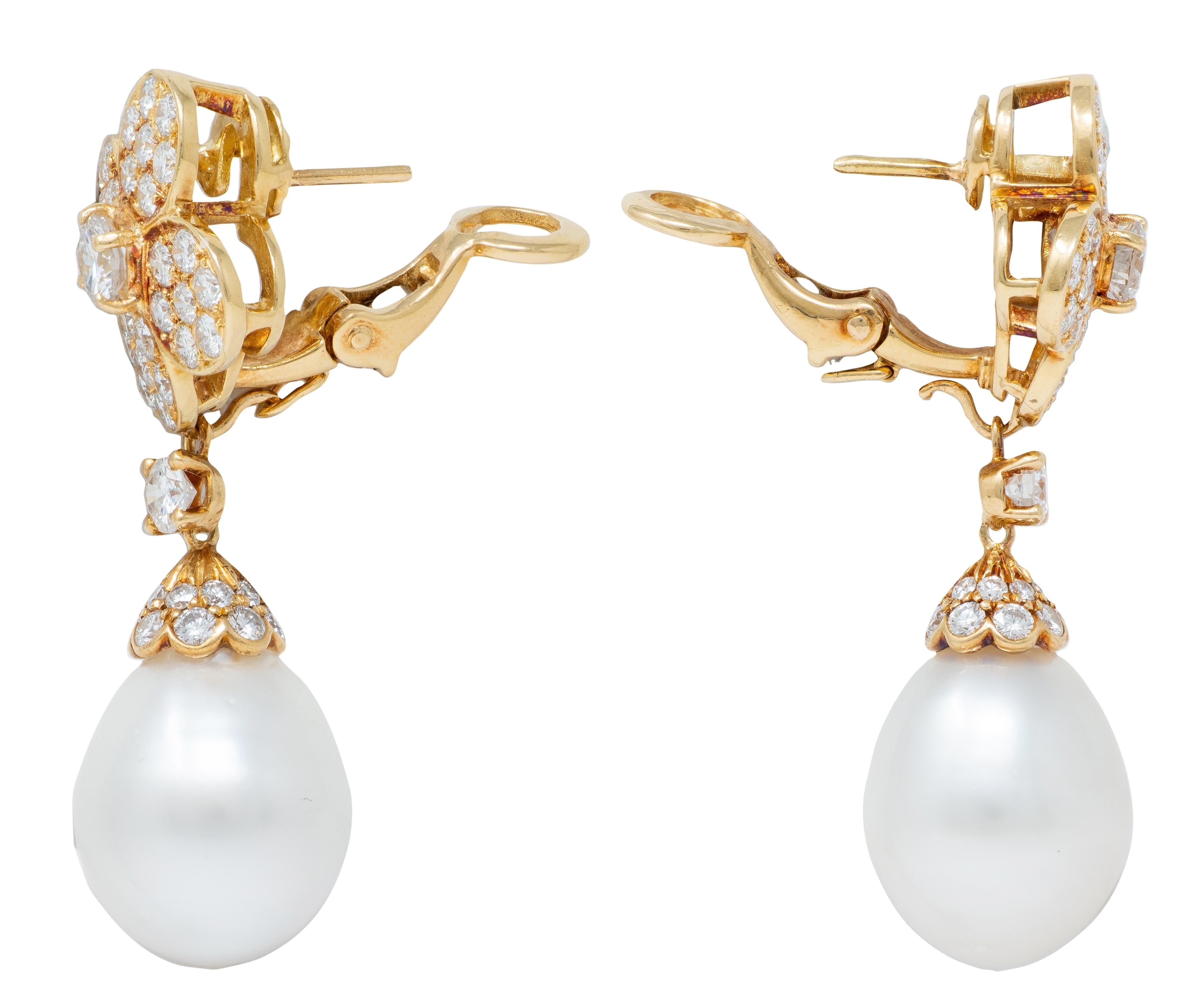 Van Cleef & Arpels French 1980 Diamond Pearl Alhambra Day-To-Night Earrings