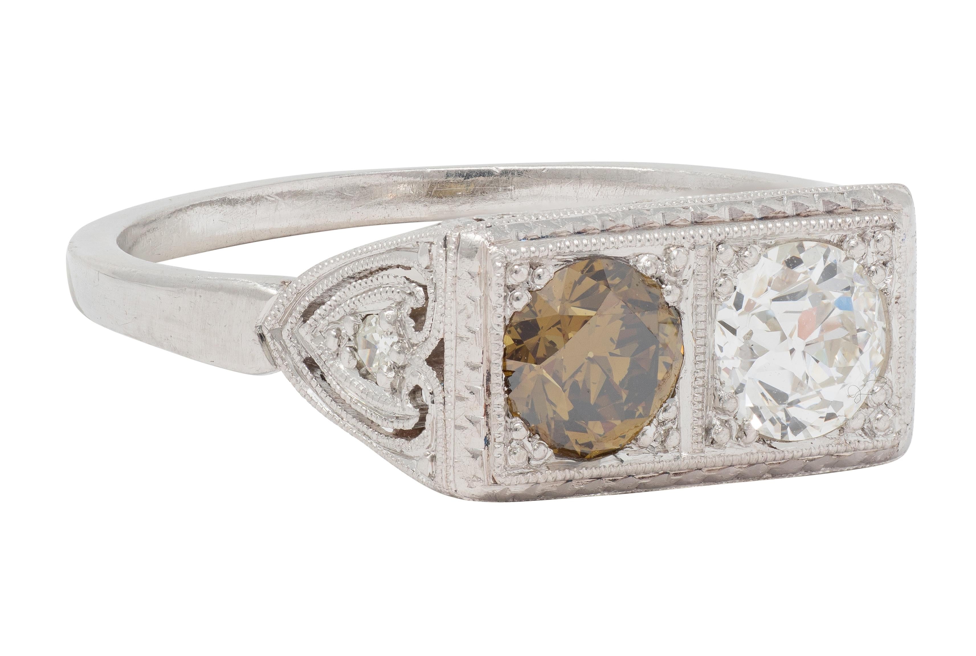 Art Deco Fancy Diamond Platinum Vintage Toi Et Moi Heart Engagement Ring