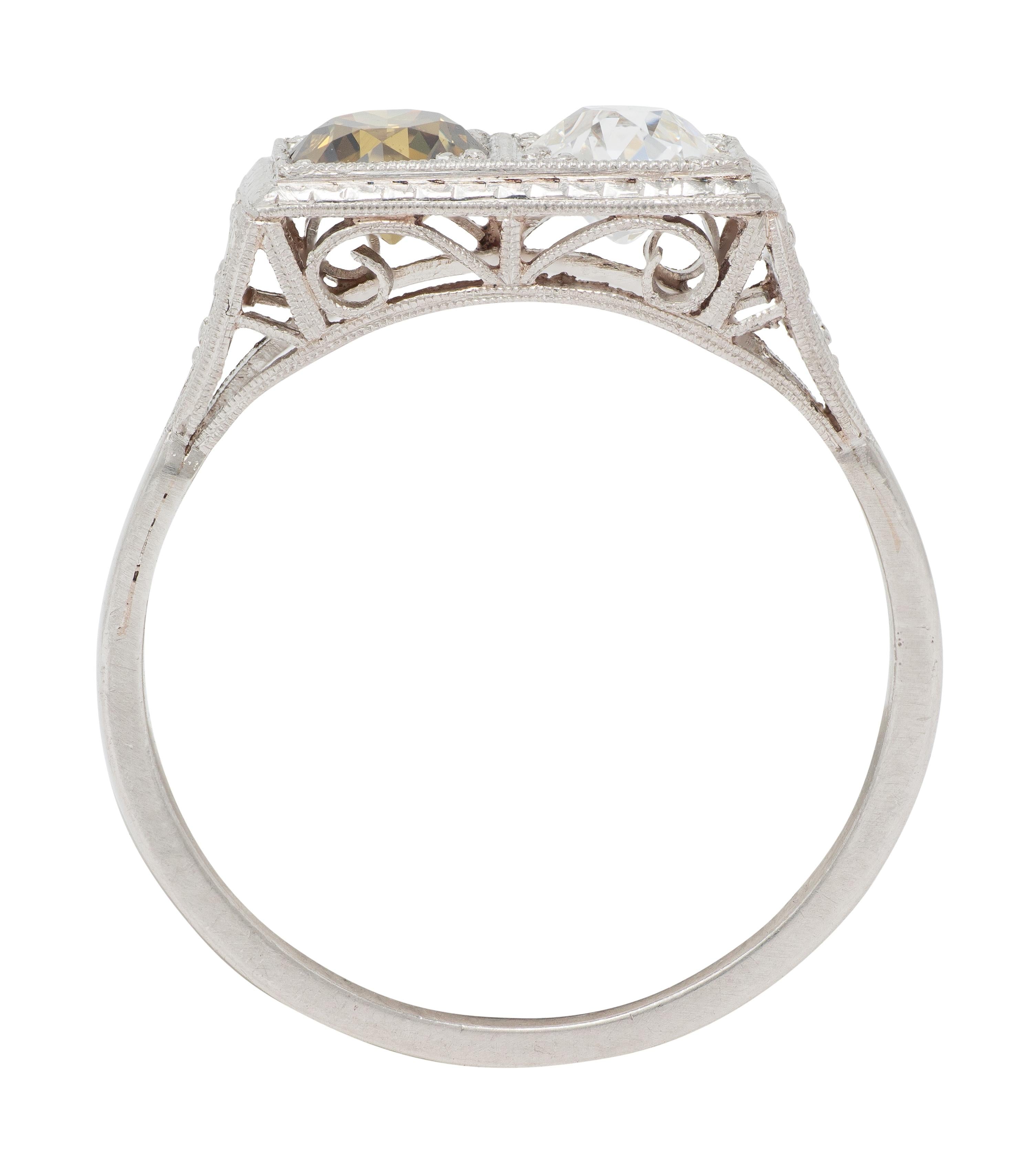 Art Deco Fancy Diamond Platinum Vintage Toi Et Moi Heart Engagement Ring