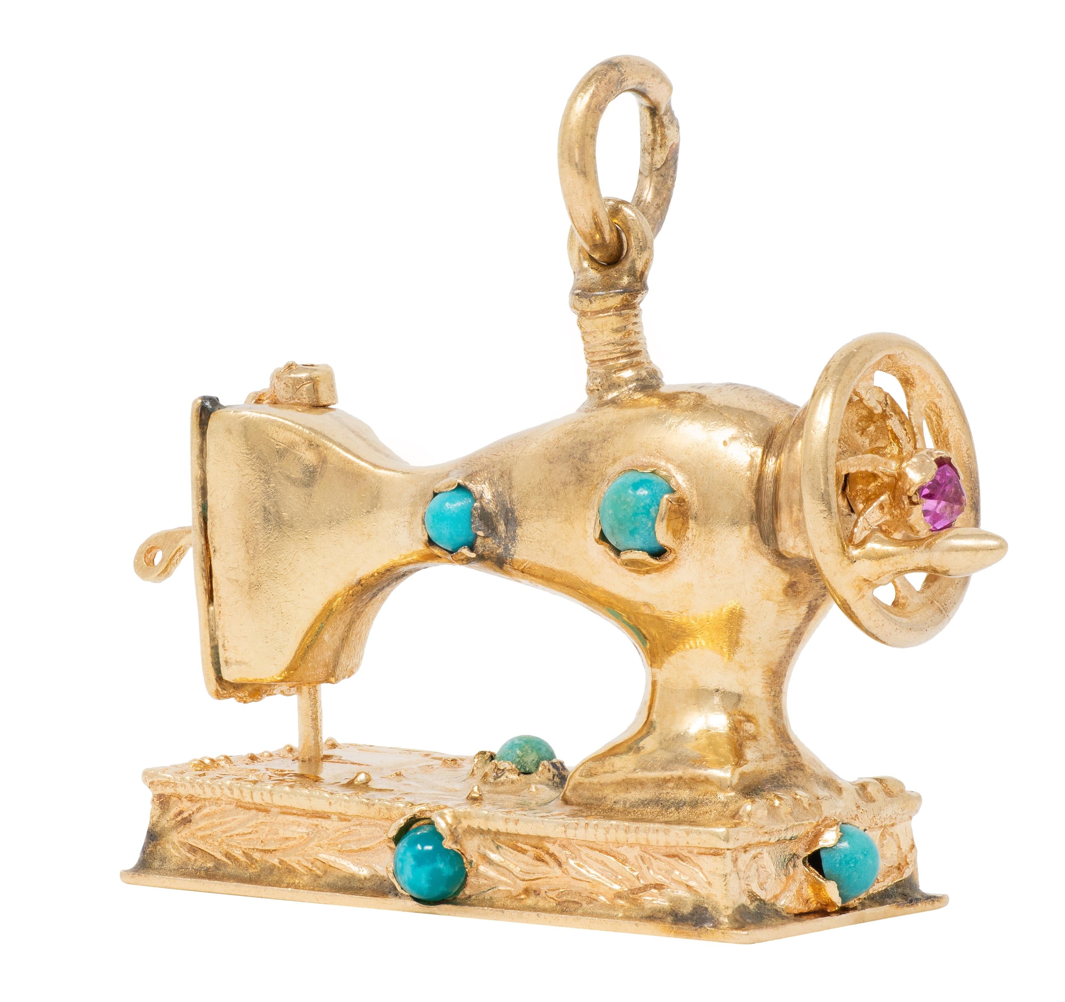 1960's Turquoise Topaz 14 Karat Yellow Gold Antique Sewing Machine Pendant Charm