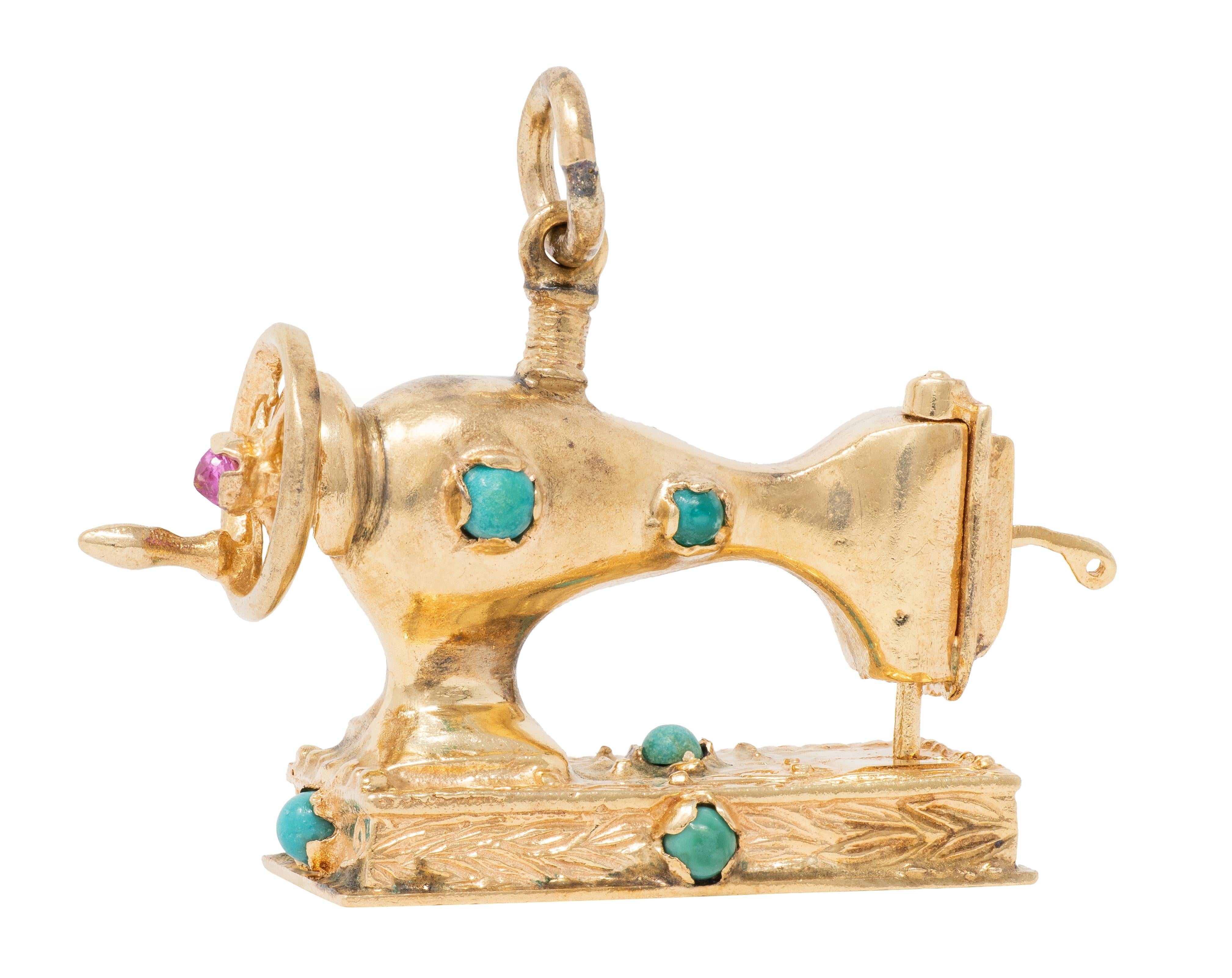 1960's Turquoise Topaz 14 Karat Yellow Gold Antique Sewing Machine Pendant Charm