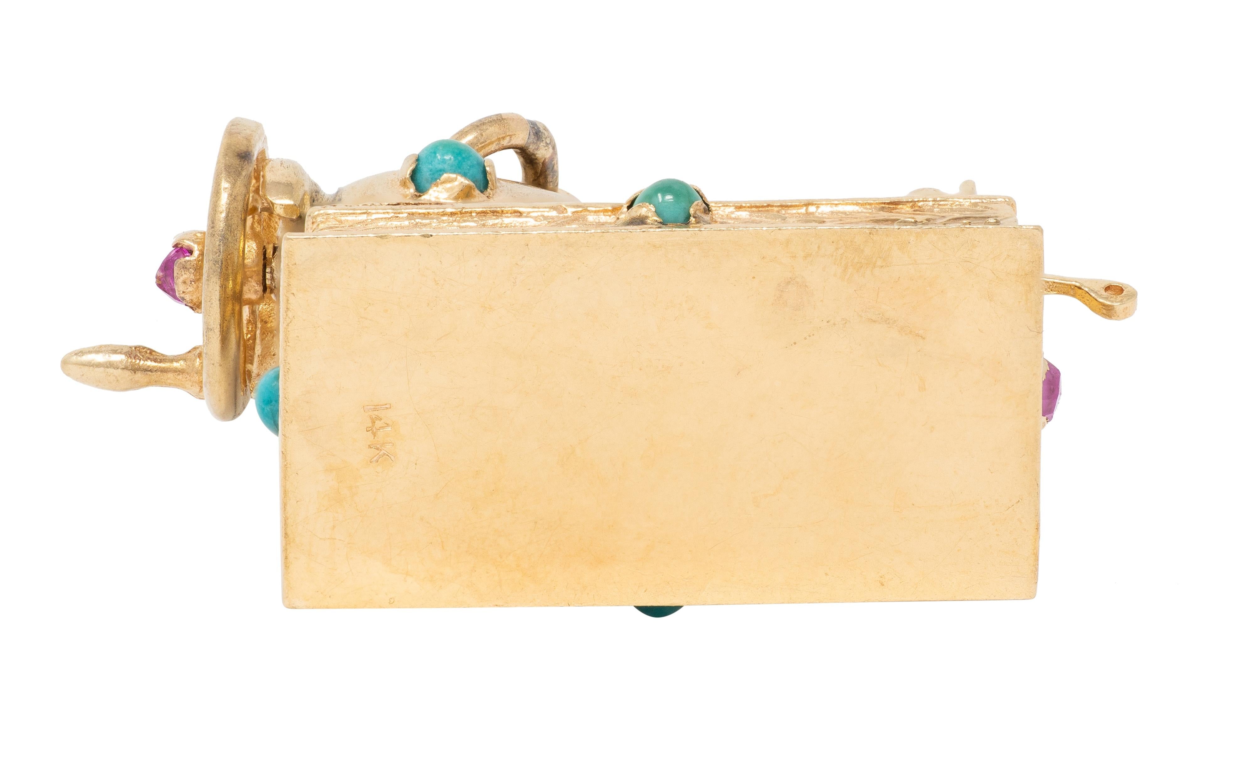 1960's Turquoise Topaz 14 Karat Yellow Gold Antique Sewing Machine Pendant Charm