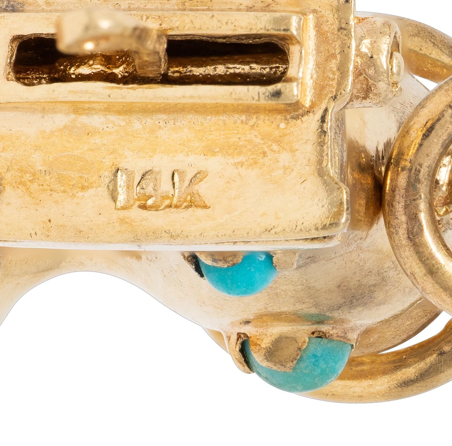 1960's Turquoise Topaz 14 Karat Yellow Gold Antique Sewing Machine Pendant Charm