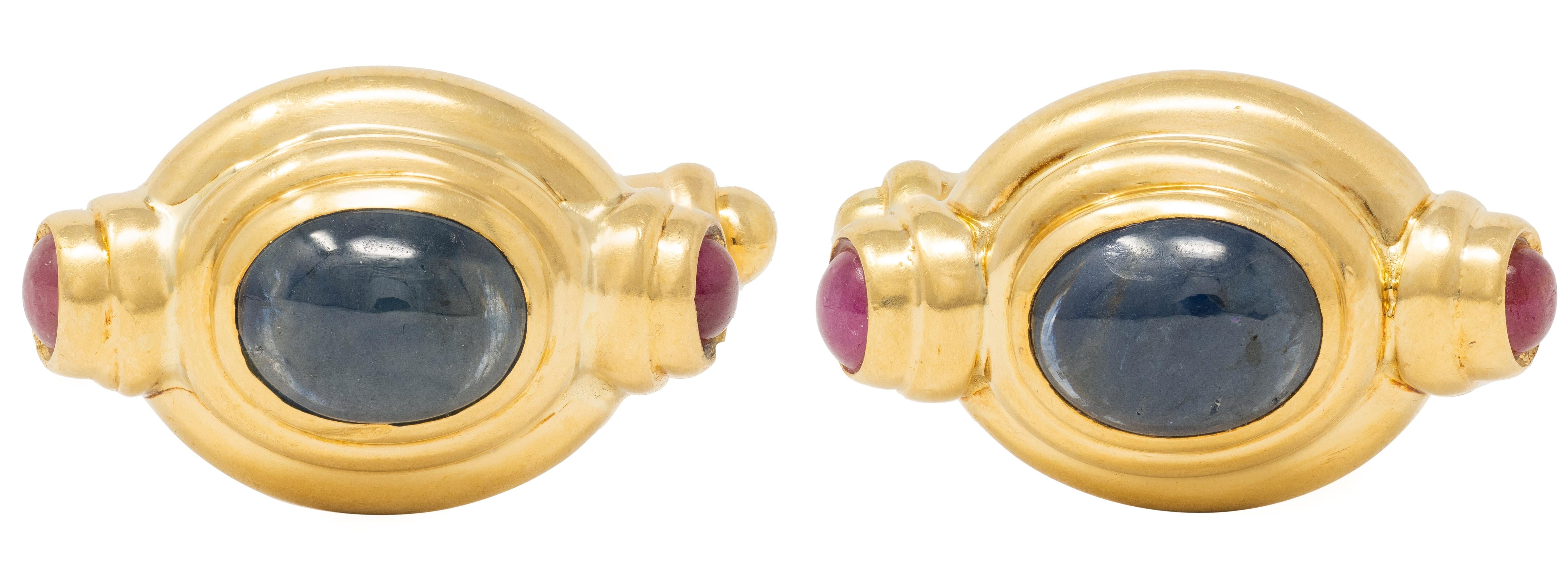 David Webb 1980's 3.50 CTW Ruby Sapphire 18 Karat Gold Vintage Bar Cufflinks